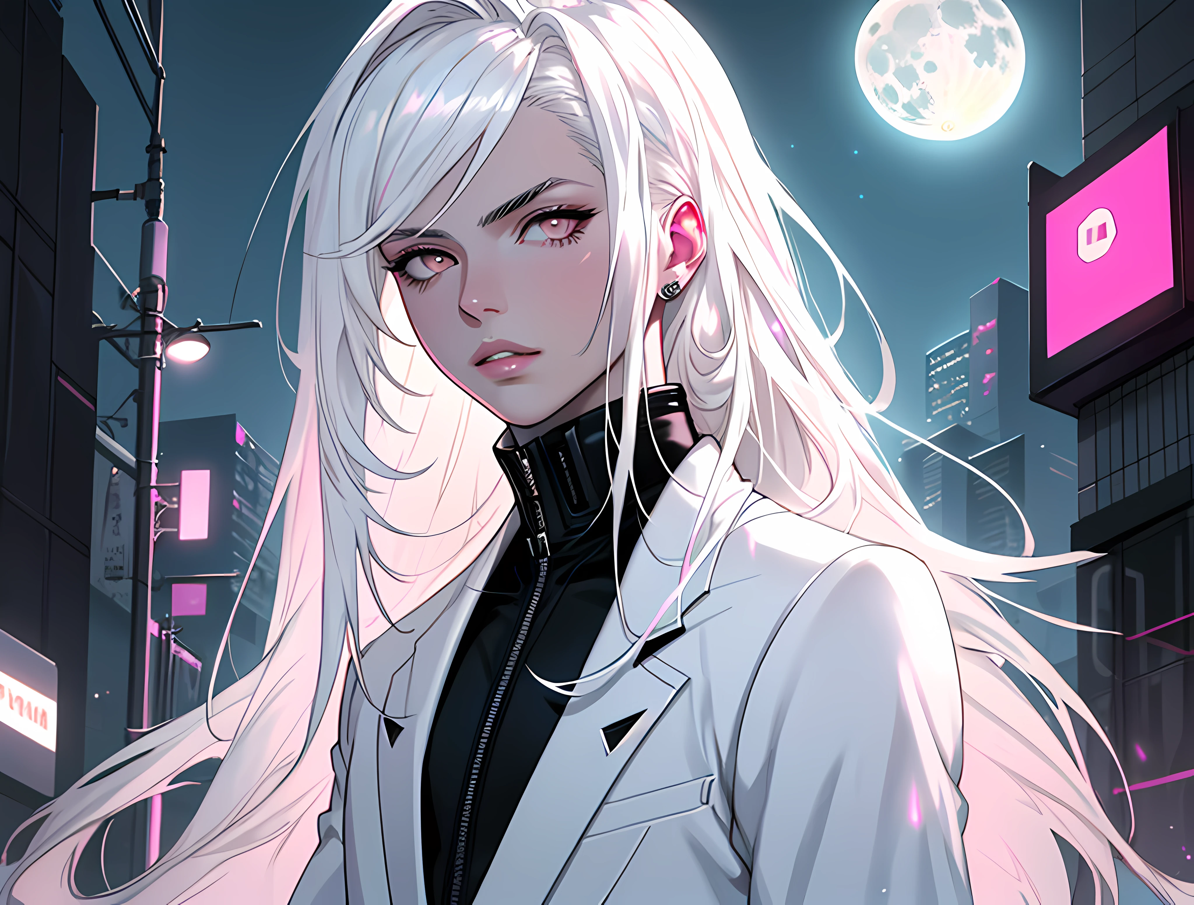 masterpiece, highest quality, (solo focus), (perfect face:1.1), (high detail:1.1), dramatic, 1guy, (pale skin), long white hair, white eyes, [light eyebrows], solo, long hair, moon, night, white luxury suit, covered navel, pouty lips, covered, futuristic city, detailed background, art by artgerm, cinematic lighting, white and pink tetradic colors, cinematic lighting, roses,  balenciaga, glitter