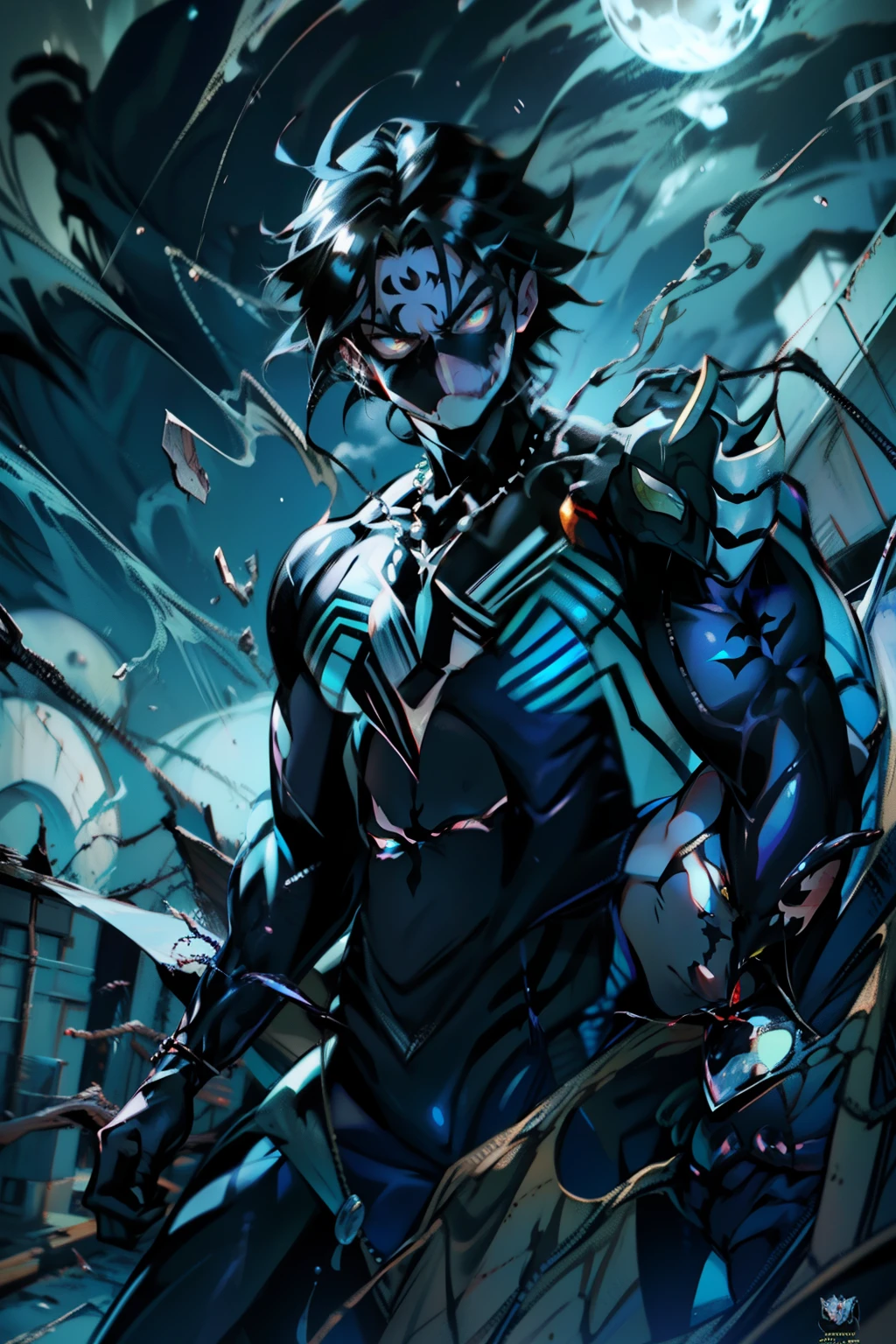 《the original god》Arataki Kazuto , male people， chest muscle， Sexy , Venom symbiote for your body, Black mucus of the body , into venom, venomize，Black bodysuit，（Cloak），Red cape，Abs，（Adult male）（（Venom possession，venom symbiote）），over-Tortoise Man，Battle damage，((Masterpiece)), ((Best quality)), Ultra detailed,((illustration)), Dynamic Angle, Detailed light, (Delicate eyes), Floating, 1boy, Male focus, Head, Clothing, Yellow eyes, necklace, tattoo, (Forehead:0.8), (ahoge:0.8), jewelry, brunette color hair,apathy，Ray， chest muscle， Sexy , Venom symbiote for your body, Black mucus of the body , （into venom）, Venom，frontage，Bust photo，White tight-fitting top，spiderman outfit，style of anime4 K， 4K anime wallpaper， Badass anime 8 K， 4 k comic wallpaper， young anime man， Anime boys， Anime wallpapers 4 k， Anime wallpaper 4K， High quality anime art style， Anime moe art style， Anime art wallpaper 8 K， Anime art wallpaper 4 K， RGB lighting，