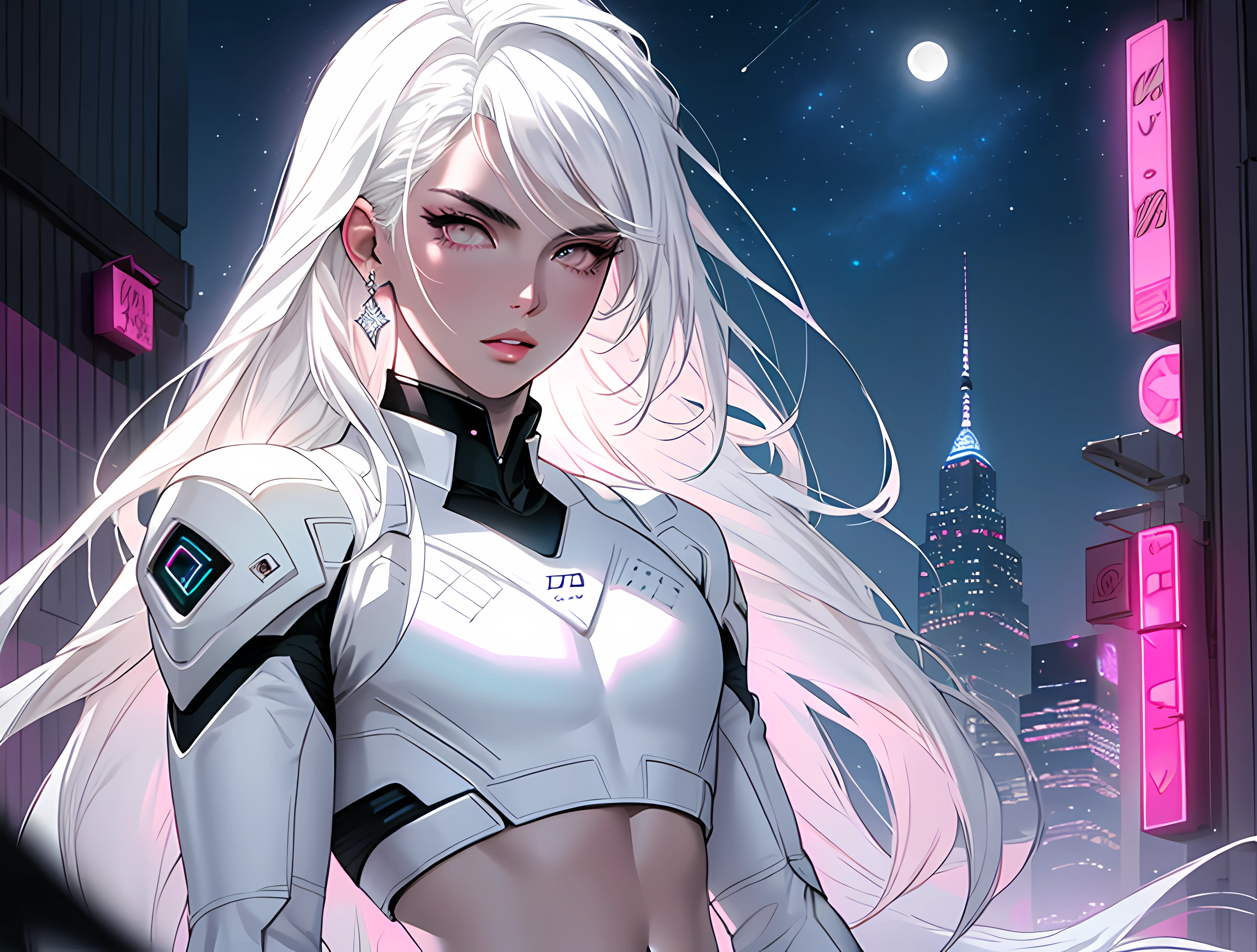 masterpiece, highest quality, (solo focus), (perfect face:1.1), (high detail:1.1), dramatic, 1guy, (pale skin), long white hair, white eyes, [light eyebrows], solo, long hair, moon, night, white luxury suit, covered navel, pouty lips, covered, futuristic city, detailed background, art by artgerm, cinematic lighting, white and pink tetradic colors, cinematic lighting, roses,  balenciaga, glitter