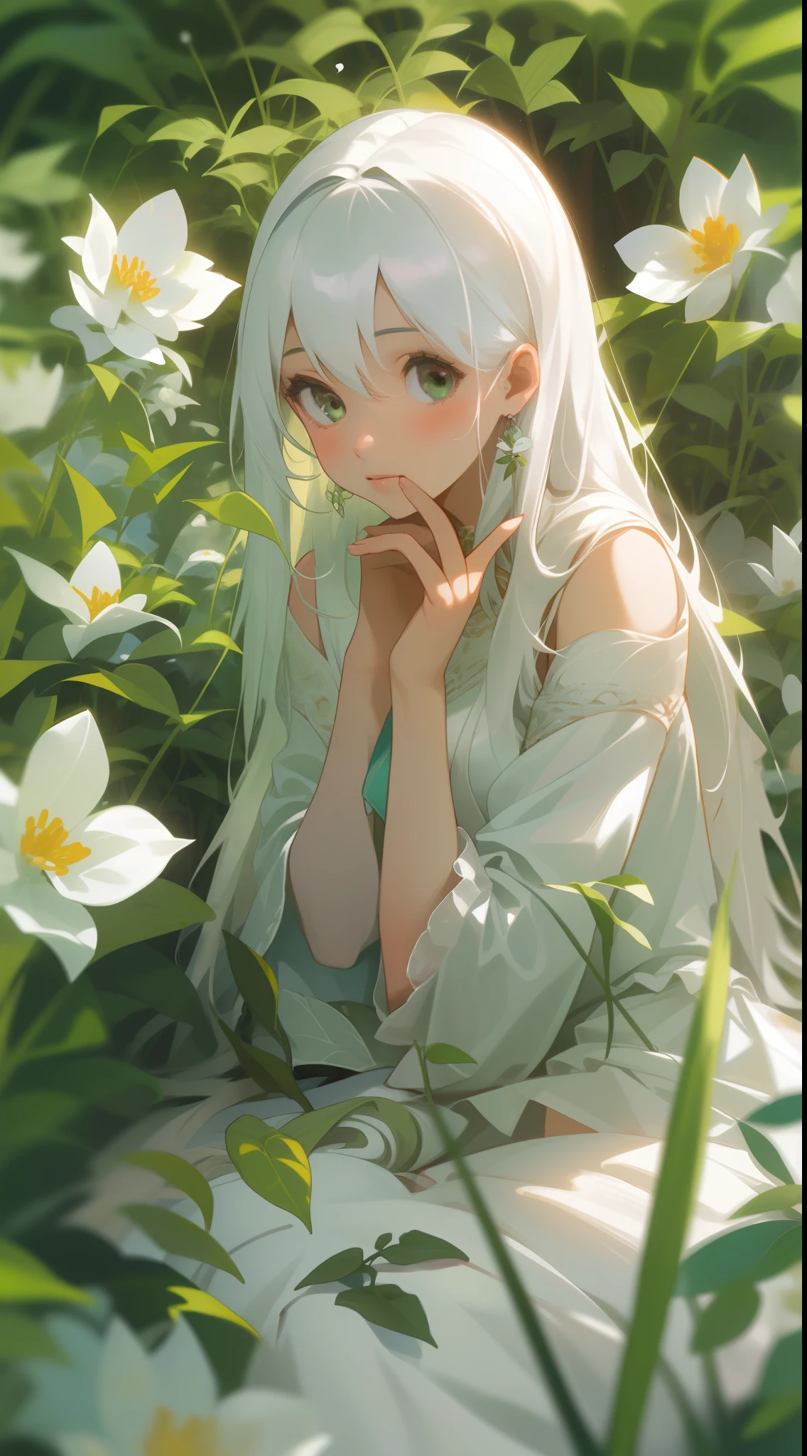 (masterpiece, best quality),1girl with long white hair sitting in a field of green plants and flowers, her hand under her chin, warm lighting, white dress, blurry foreground