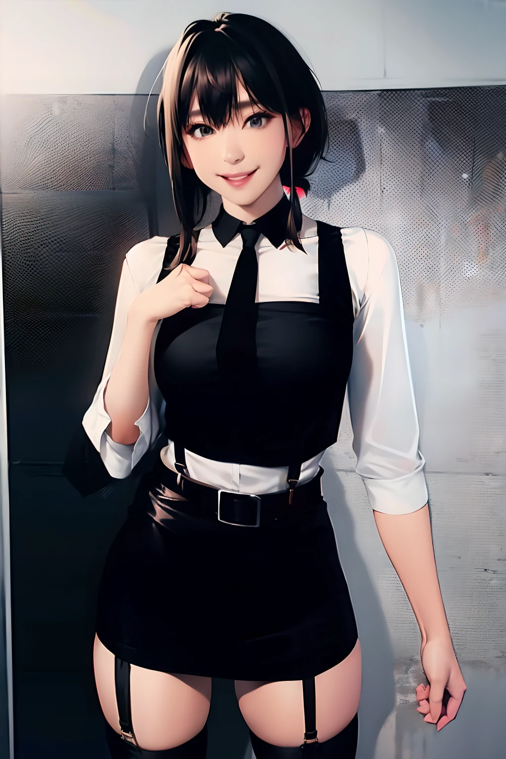 a belt　　　　　suspenders　　Black miniskirt　neck tie　Black tank top　　　　Black stockings　　　　Brown hair　poneyTail　Gray eyes　　holster　bobby　Garter belt on the legs 　Brown hair　a smile　piece　Moderate breasts　hason