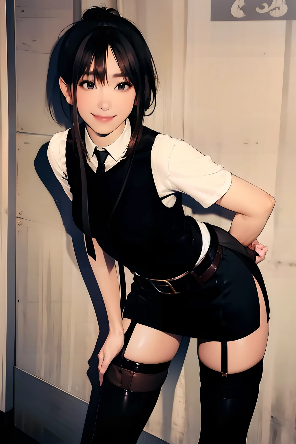 a belt suspenders Black miniskirt neck tie Black tank top Black stockings Brown hair poneyTail Gray eyes holster bobby Garter belt on the legs Brown hair a smile piece Moderate breasts hason