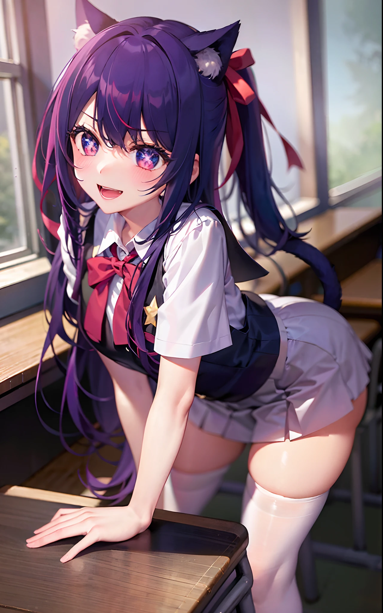 1girll,((There is a five-pointed star in the eye))Gorgeous Hair in Long Purple,Smile,Open mouth,JK school uniform,Blushlush,Cat ears,sofe,Classroom,classroom desk,all fours,white stockings,Be red in the face