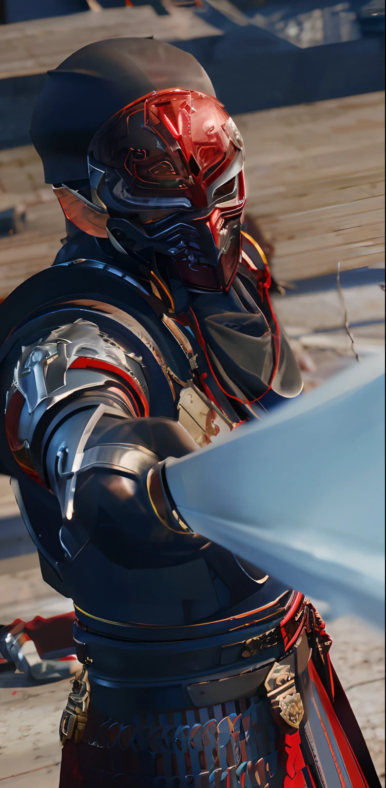 There was a man wearing a red helmet holding a sword, black and red reflected armor, octane highly detailed cinematic, [ 4 K photorealism ], fantasy style 8 k octane render, Render 8k octane, high detail 4k render, light coming off of the armor, wielding kunai, rendered in unreal 5, detailed cinematic shot, octane 8 k render