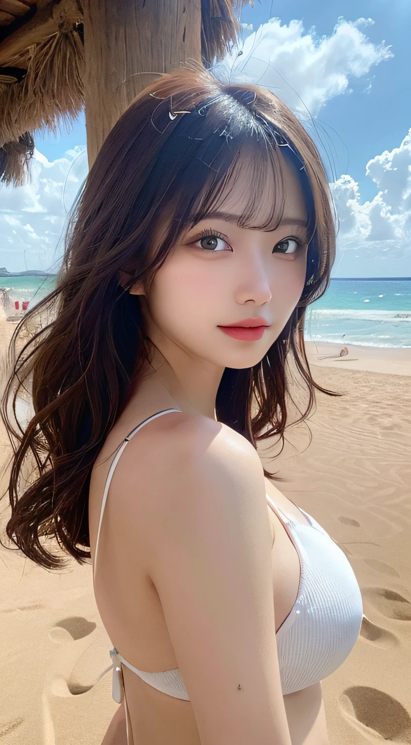 masutepiece, Best Quality, Illustration, Ultra-detailed, finely detail, hight resolution, 8K Wallpaper, Perfect dynamic composition, Beautiful detailed eyes, bikini of, Long hair, Big breasts, Natural Color Lip,Beach, Random sexy poses,hair blowing in wind