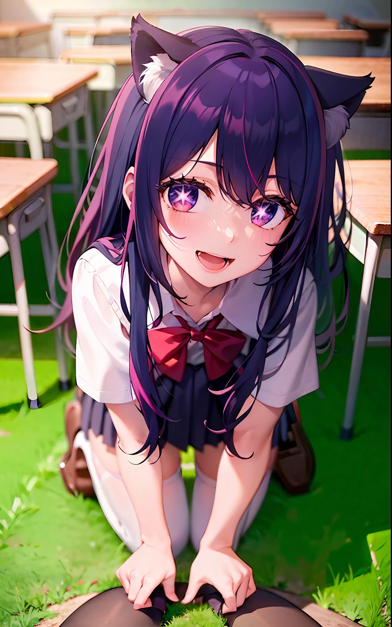 1girll,((There is a five-pointed star in the eye))Gorgeous Hair in Long Purple,Smile,Open mouth,JK school uniform,Blushlush,Cat ears,sofe,Classroom,classroom desk,all fours,white stockings,Be red in the face