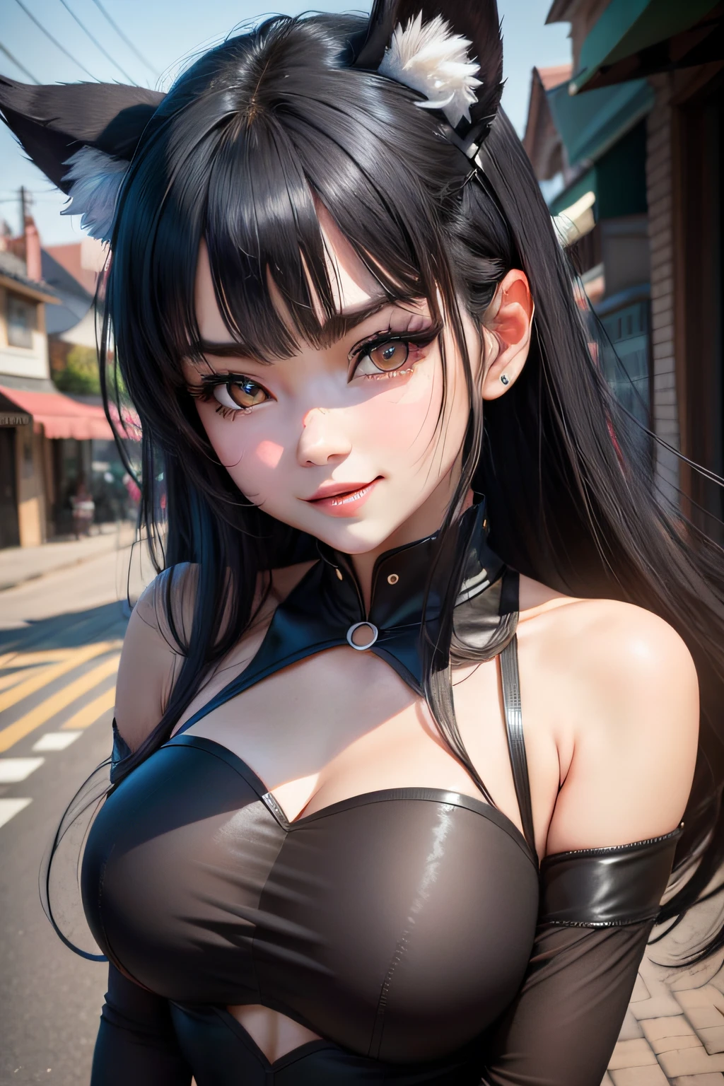 black hair, hair bobbles, wince, longeyelashes, solid circle eyes, fake animal ears, light smile, ear blush, fang, Surrealism, drop shadow, anaglyph, stereogram, tachi-e, pov, atmospheric perspective, 8k, super detail, ccurate, best quality, UHD