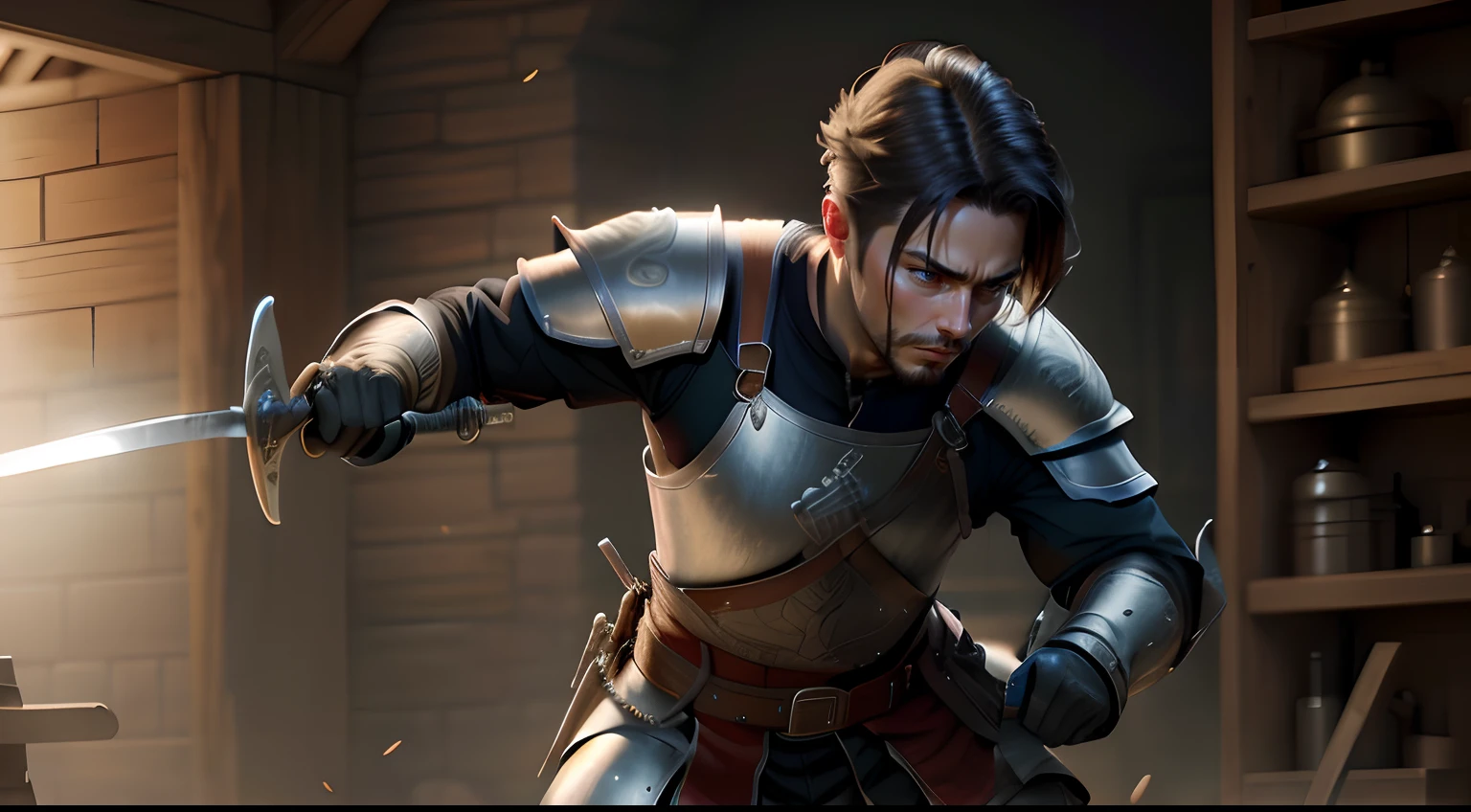 A young warrior man welding a shield and a sword in each hand, in a battle field, highly detailed, intricate, nicely proportionate, 8k, war scene background