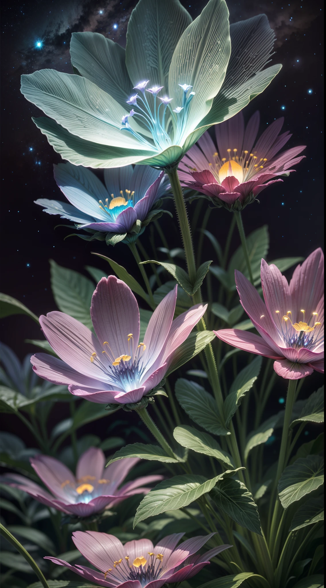 bioluminescence, flowers, night, sky