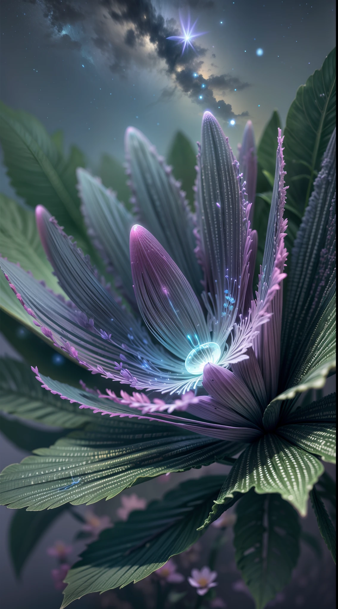 bioluminescence, flowers, night, sky