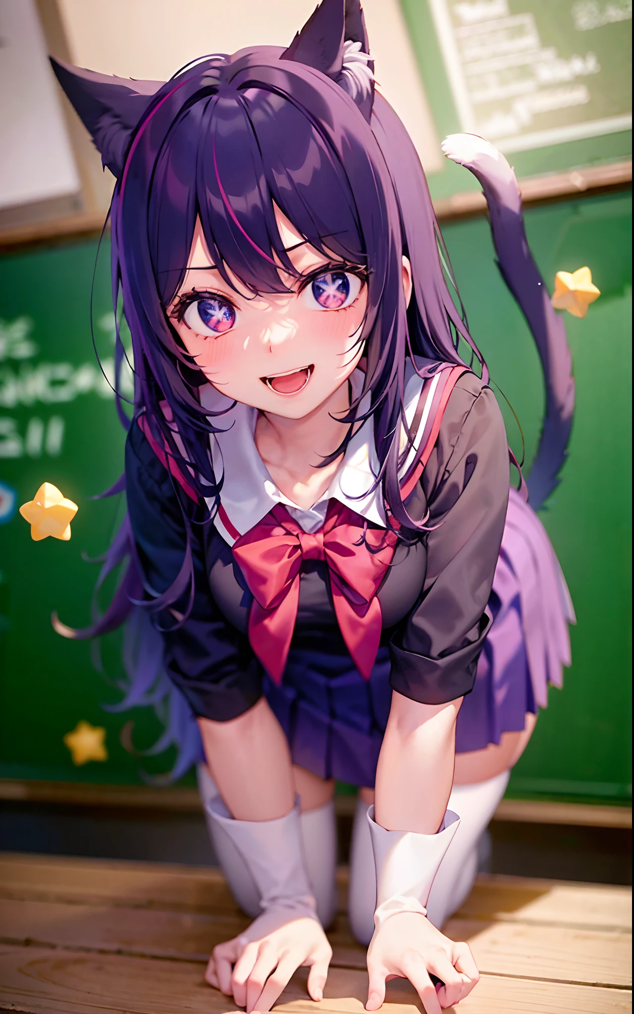 1girll,((There is a five-pointed star in the eye))Gorgeous Hair in Long Purple,Smile,Open mouth,JK school uniform,Blushlush,Cat ears,sofe,Classroom,classroom desk,all fours,white stockings,Be red in the face