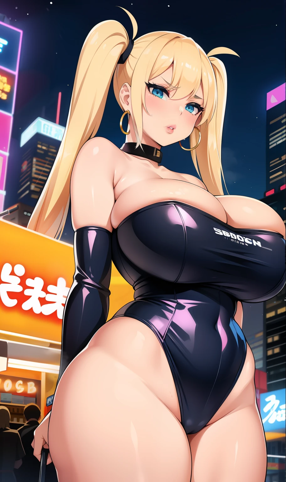 1girl,  (((bimbo))),hoop earrings, puffy lips, painted lips, thick lips. 
blonde hair, short twintails, wide hips, thick thighs, bursting breasts Nightlife, Night city, Cyberpunk city, futuristic cityscape. Neon lights, (skyscraper:1.1), Tokyo tower, palm tree, cloth sign, ramen stall, night club. bright city lights, exotic car. alcohol, bar, ramen, soup stall ,alcohol bottles,