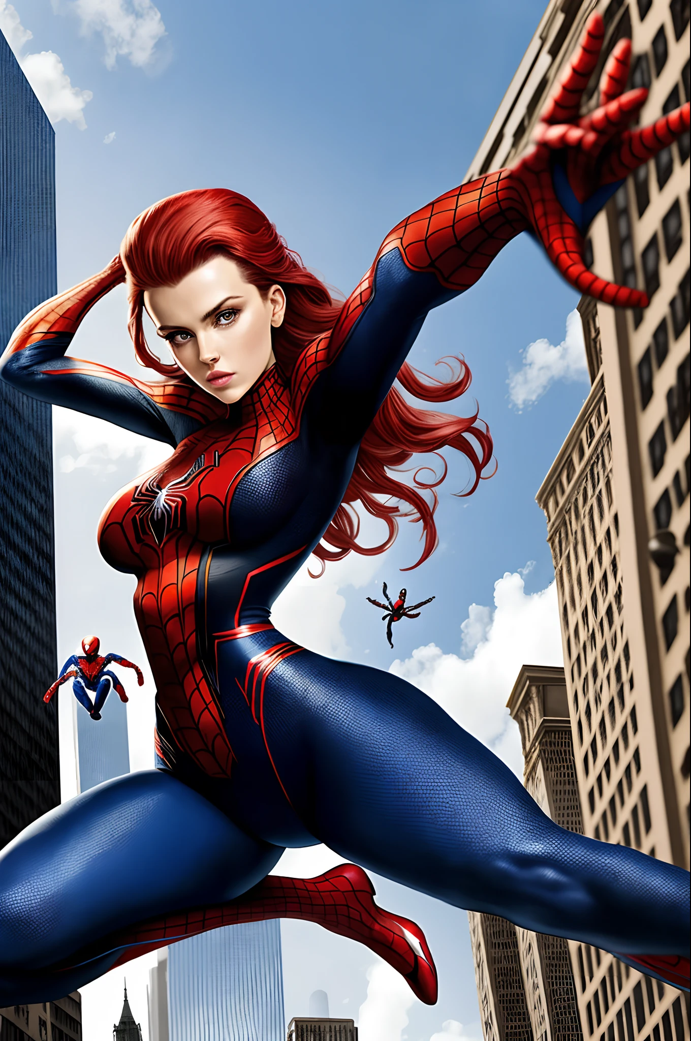 A very detailed picture,Scarlett, a woman, wears a Spider-Man tight-fitting uniform,Payouts have mecha elements,Fly between tall buildings