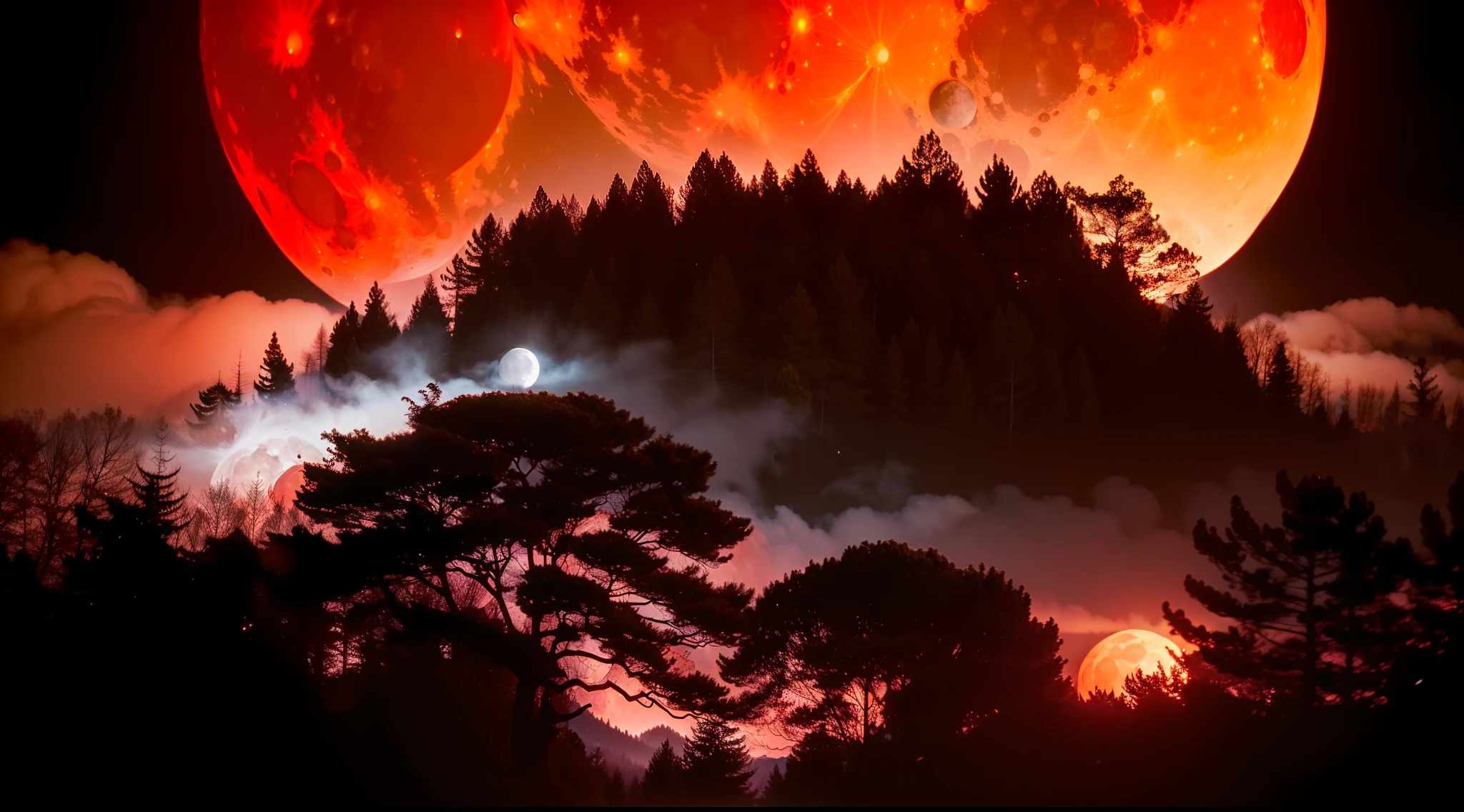 A huge red moon,A swarm of bats flew from the front of the moon,Pitch Black Forest,A scarlet mist pervaded