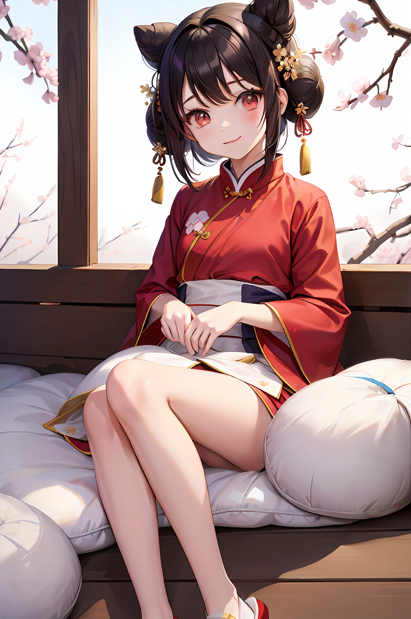 Anime girl sitting on bed,There were pillows and pillows, Palace , A girl in Hanfu, cute anime waifu in a nice dress, Guviz, Guweiz on Pixiv, Smooth anime CG art,anime moe art style