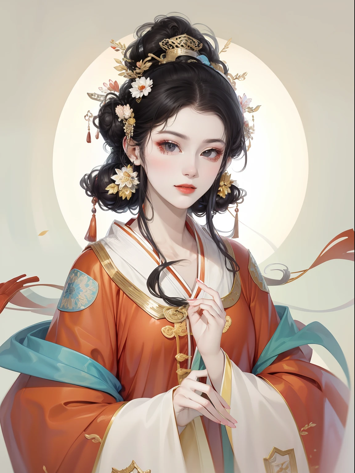 A beautiful girl in ancient China，The facial features are delicate and fair，Cool temperament，Red clothes，Black hair coiled into a bun，Wears a gold coat on his head，Chinese Song Dynasty clothing，red hanfu dress，Long black hair, rays of sunshine，Clear face，ultraclear，tmasterpiece，ultra - detailed，high qulity，HighestQuali，The main color is red，Background simple elements。Invisible hands，No hands。