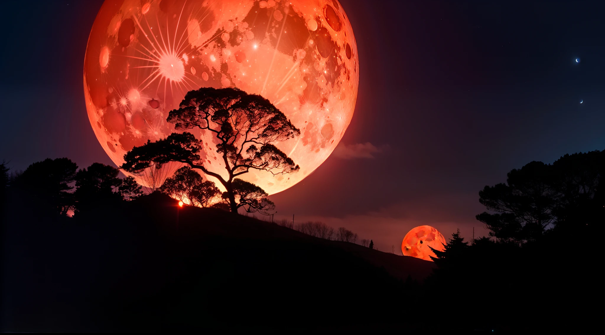 A huge red moon，A swarm of bats flew from the front of the moon，Pitch Black Forest，A scarlet mist pervaded