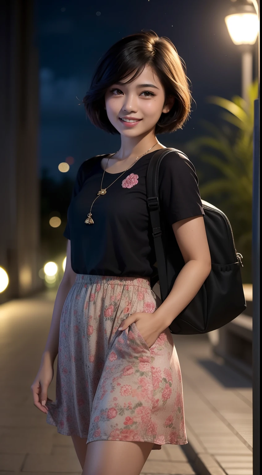 Dark skin Malay girl (mira filzah:0.8) short hair wear small floral baju kurung malaysia in college, wear back pack, front view, pixie cut hair, detail skin, detail skin texture, mole below eyes, small breast, big hip, big waist, big thigh, slim abs, beautiful body, nighttime, laughing, happy, bright lighting, college student in background, crowded college, blur background, bokeh,
