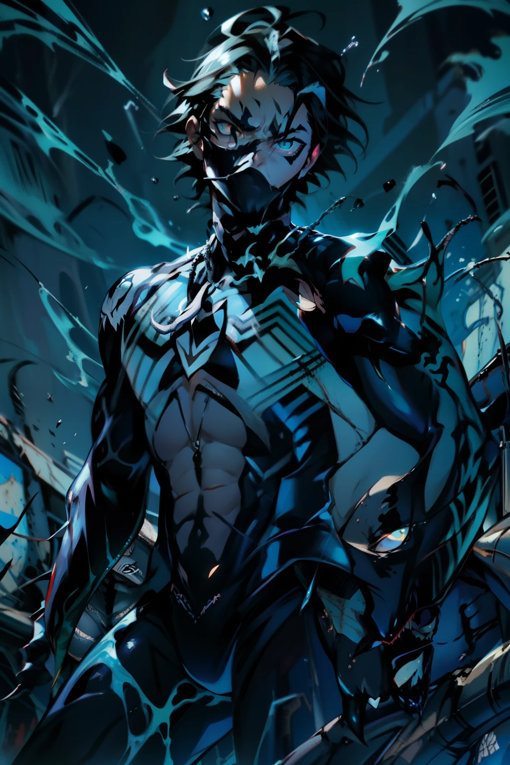 《the original god》Arataki Kazuto , male people， chest muscle， Sexy , Venom symbiote for your body, Black mucus of the body , into venom, venomize，Black bodysuit，（Cloak），Red cape，Abs，（Adult male）（（Venom possession，venom symbiote）），over-Tortoise Man，Battle damage，((Masterpiece)), ((Best quality)), Ultra detailed,((illustration)), Dynamic Angle, Detailed light, (Delicate eyes), Floating, 1boy, Male focus, Head, Clothing, Yellow eyes, necklace, tattoo, (Forehead:0.8), (ahoge:0.8), jewelry, brunette color hair,apathy，Ray， chest muscle， Sexy , Venom symbiote for your body, Black mucus of the body , （into venom）, Venom，frontage，Bust photo，White tight-fitting top，spiderman outfit，style of anime4 K， 4K anime wallpaper， Badass anime 8 K， 4 k comic wallpaper， young anime man， Anime boys， Anime wallpapers 4 k， Anime wallpaper 4K， High quality anime art style， Anime moe art style， Anime art wallpaper 8 K， Anime art wallpaper 4 K， RGB lighting，