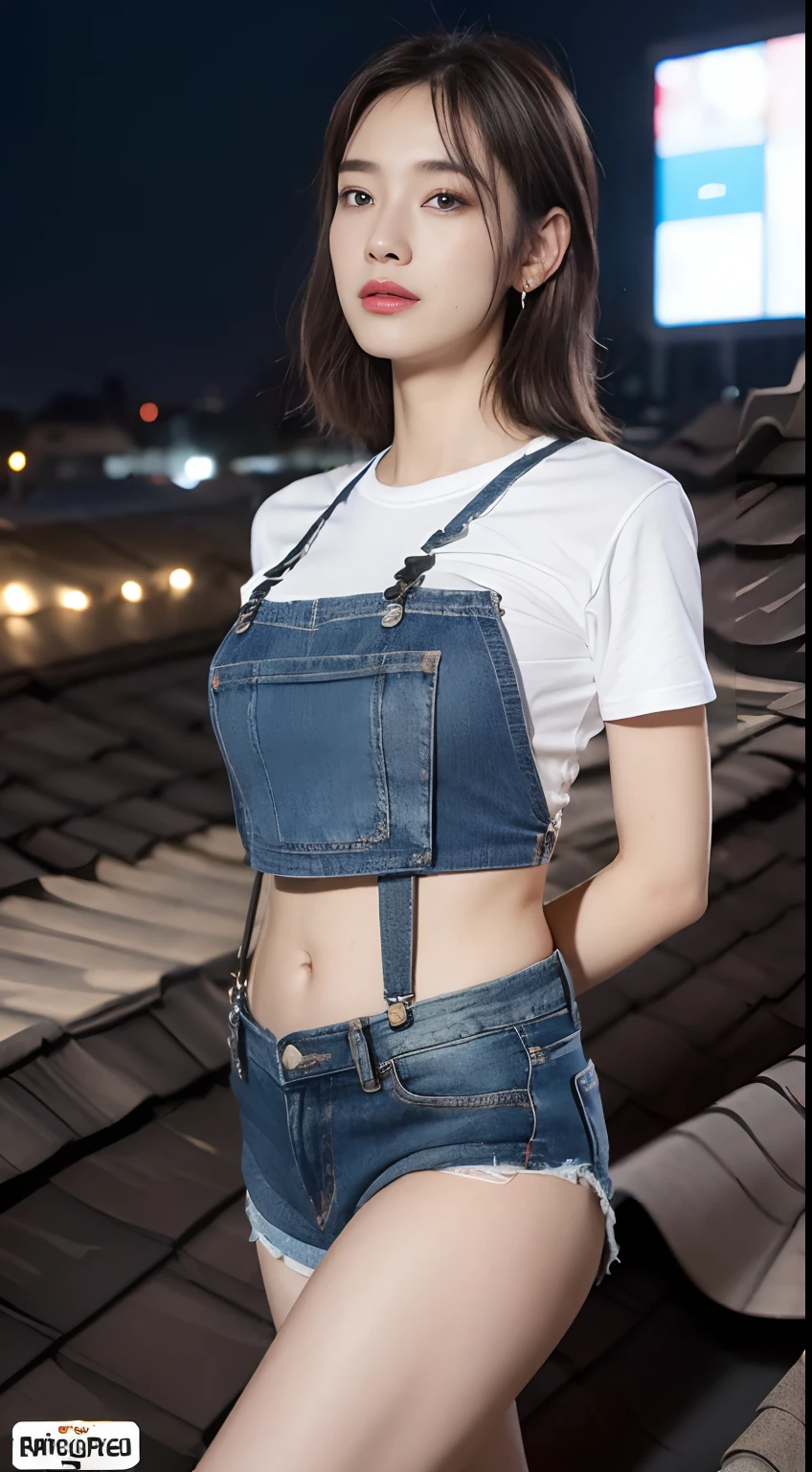 ((midynight, Need, 8k, tmasterpiece:1.3)), full bodyesbian, Long legs, Focalors:1.2, perfect figure beautiful woman:1.4, Slim abs:1.1, ((Dark brown hair, huge tit:1.2 )), (white tight t-shirt, Denim suspenders, standing on your feet:1.2), ((city night scene, the roof:1.3)), Highly detailed facial and skin texture, A detailed eye, 二重まぶた,Wearing a naked,The kinky is exposed