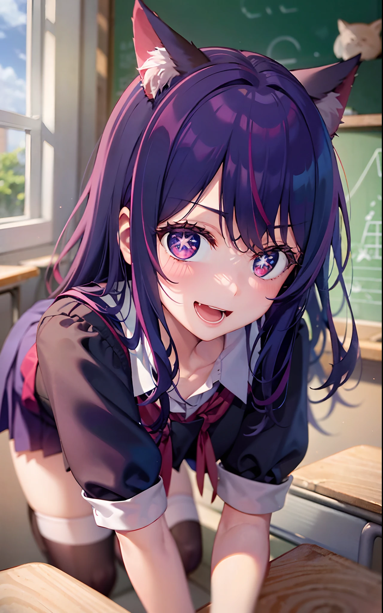 1girll，（（There is a five-pointed star in the eye））Gorgeous Hair in Long Purple，Smile，Open mouth，JK school uniform，Blushlush，Cat ears，sofe，‎Classroom，classroom desk，all  fours，white stockings，Be red in the face