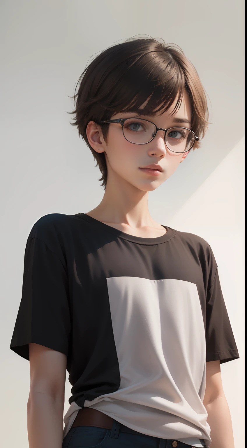 Polish origin，Poles（shaggy hair），（flatchest）（Men's hairstyles）Flat-chested tomboy，（（Tomboyish）），No light or shadow，A person's entire body faces one side of the screen，No saturation，low-contrast，with a pure white background，round frame glasses（（（Plain white unpatterned T-shirt））），15year old