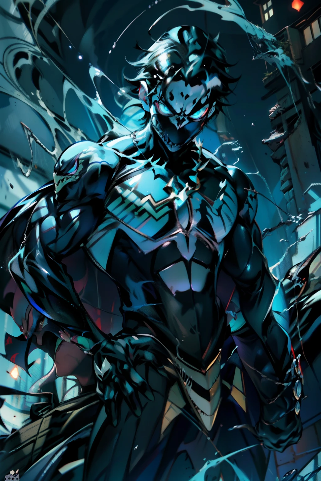《the original god》Arataki Kazuto , male people， chest muscle， Sexy , Venom symbiote for your body, Black mucus of the body , into venom, venomize，Black bodysuit，（Cloak），Red cape，Abs，（Adult male）（（Venom possession，venom symbiote）），over-Tortoise Man，Battle damage，((Masterpiece)), ((Best quality)), Ultra detailed,((illustration)), Dynamic Angle, Detailed light, (Delicate eyes), Floating, 1boy, Male focus, Head, Clothing, Yellow eyes, necklace, tattoo, (Forehead:0.8), (ahoge:0.8), jewelry, brunette color hair,apathy，Ray， chest muscle， Sexy , Venom symbiote for your body, Black mucus of the body , （into venom）, Venom，frontage，Bust photo，White tight-fitting top，spiderman outfit，style of anime4 K， 4K anime wallpaper， Badass anime 8 K， 4 k comic wallpaper， young anime man， Anime boys， Anime wallpapers 4 k， Anime wallpaper 4K， High quality anime art style， Anime moe art style， Anime art wallpaper 8 K， Anime art wallpaper 4 K， RGB lighting，