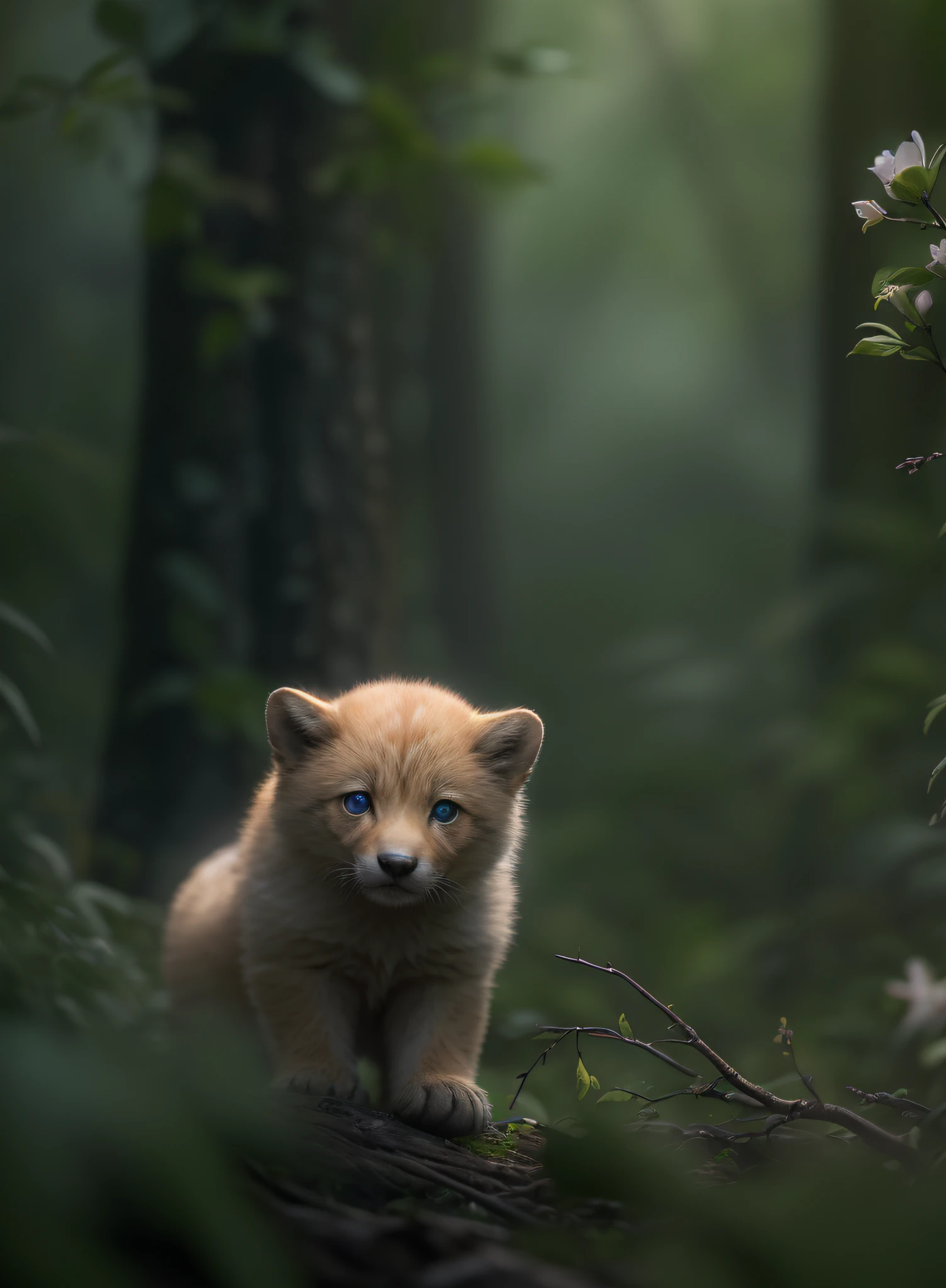 1 Photo of a cub、the woods、Haze、Halation、florals、Dramatic atmosphere、central、thirds rule、200mm 1.4F Macro Shot、(natural skin textures、Hyper-Realism、Soft light、sharp:1.2)、(intricate-detail:1.12)、nffsw、(intricate-detail、ultra-detailliert:1.15)、Art by Greg Rutkowski and ArtGerm、Soft Cinematic Lights、adobe lightroom、Photolab、nffsw、Convoluted、ighly detailed、(depth of fields:1.4)