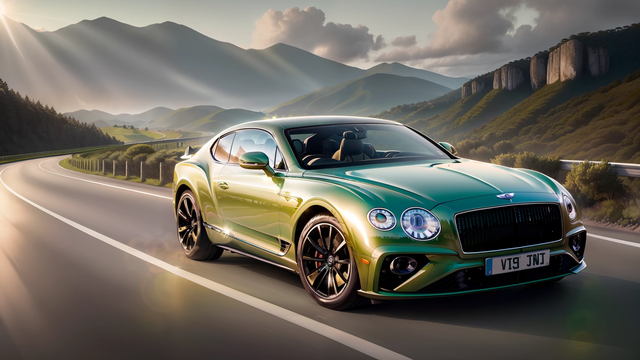 Un lujoso Bentley Continental verde esmeralda brillando con la luz del sol mientras recorre solo una larga y recta carretera que se pierde en el horizonte.