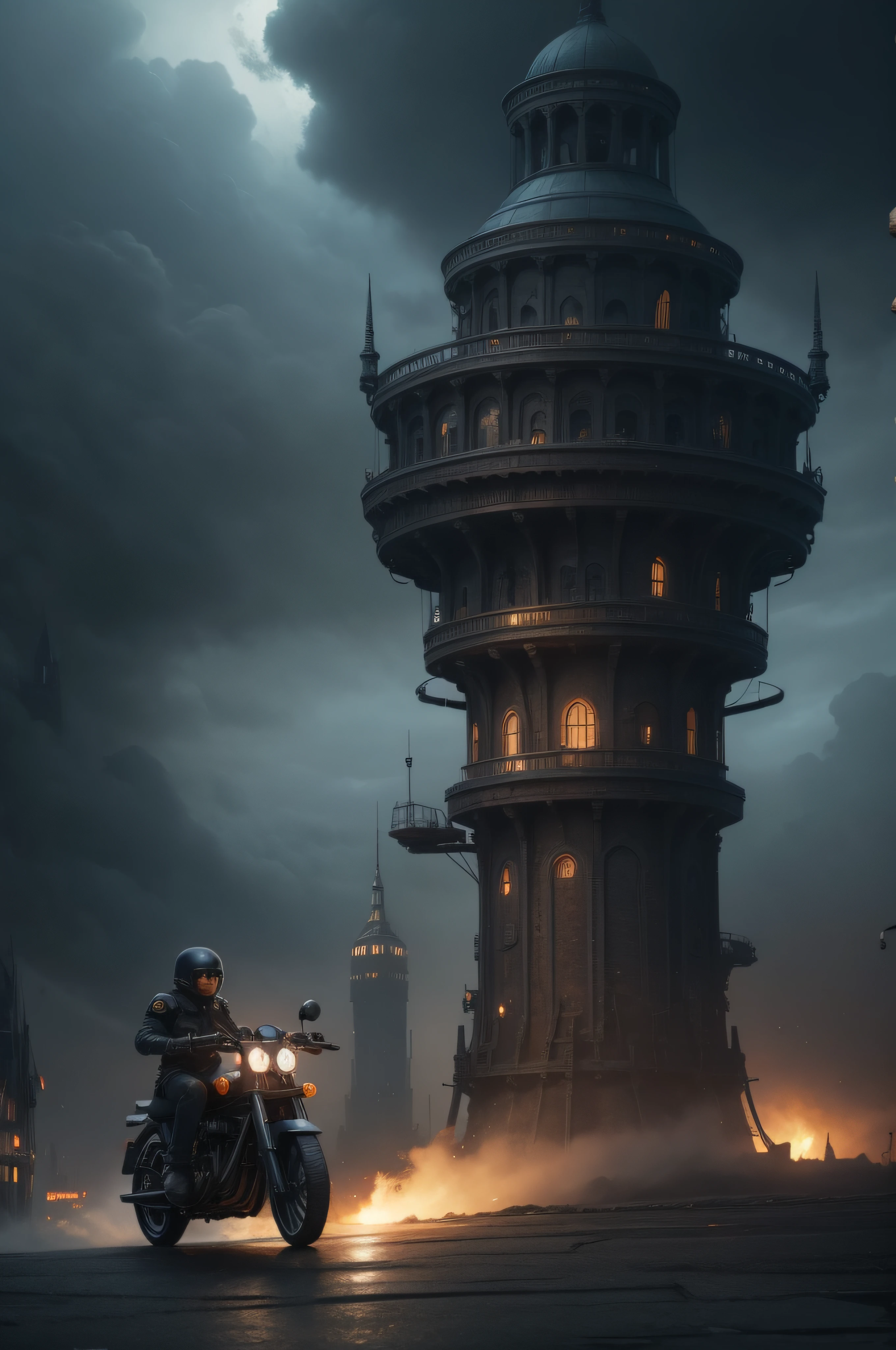 Very atmospheric Technology City, a tiny Motorcycle, fantasy art