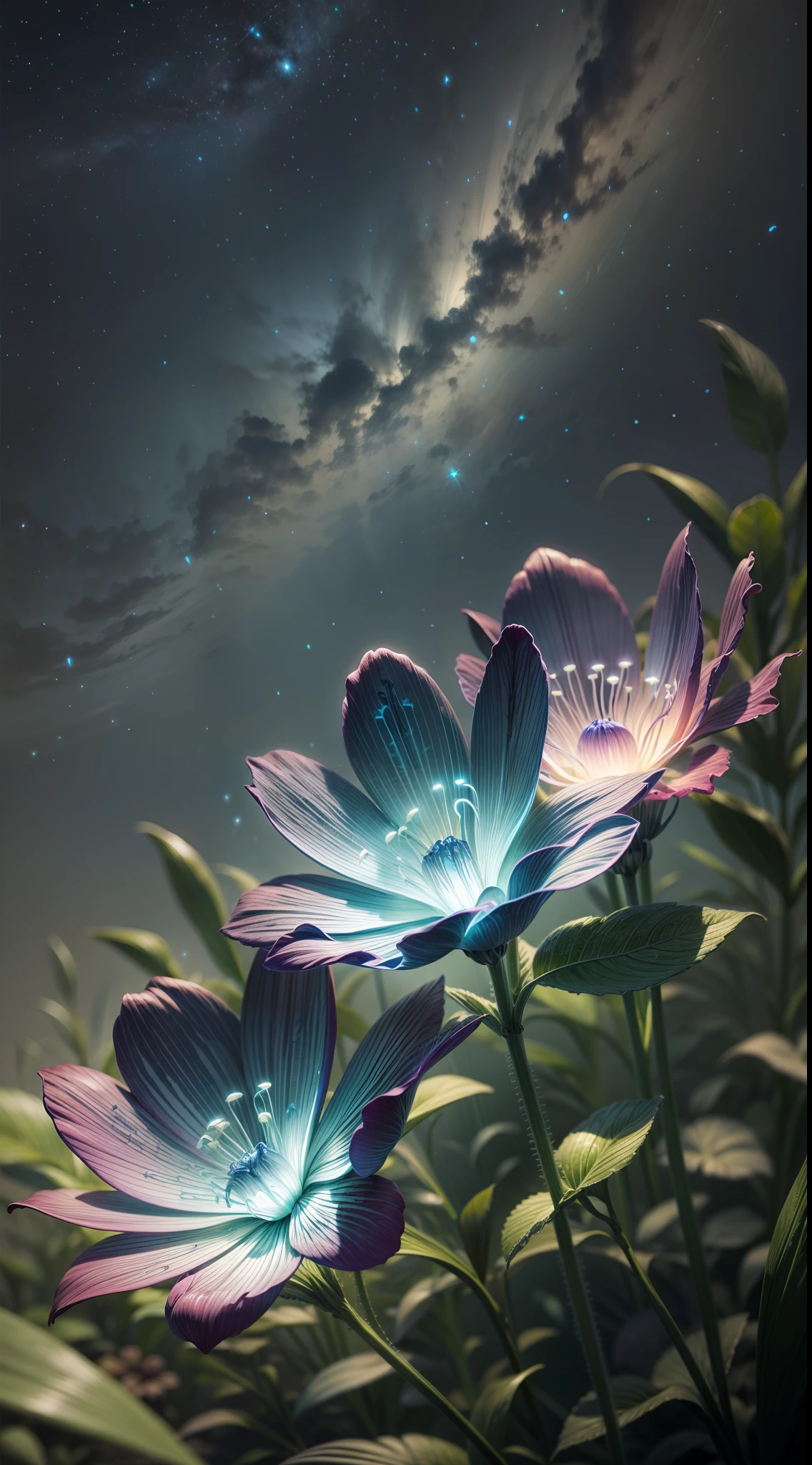 bioluminescence, flowers, night, sky
