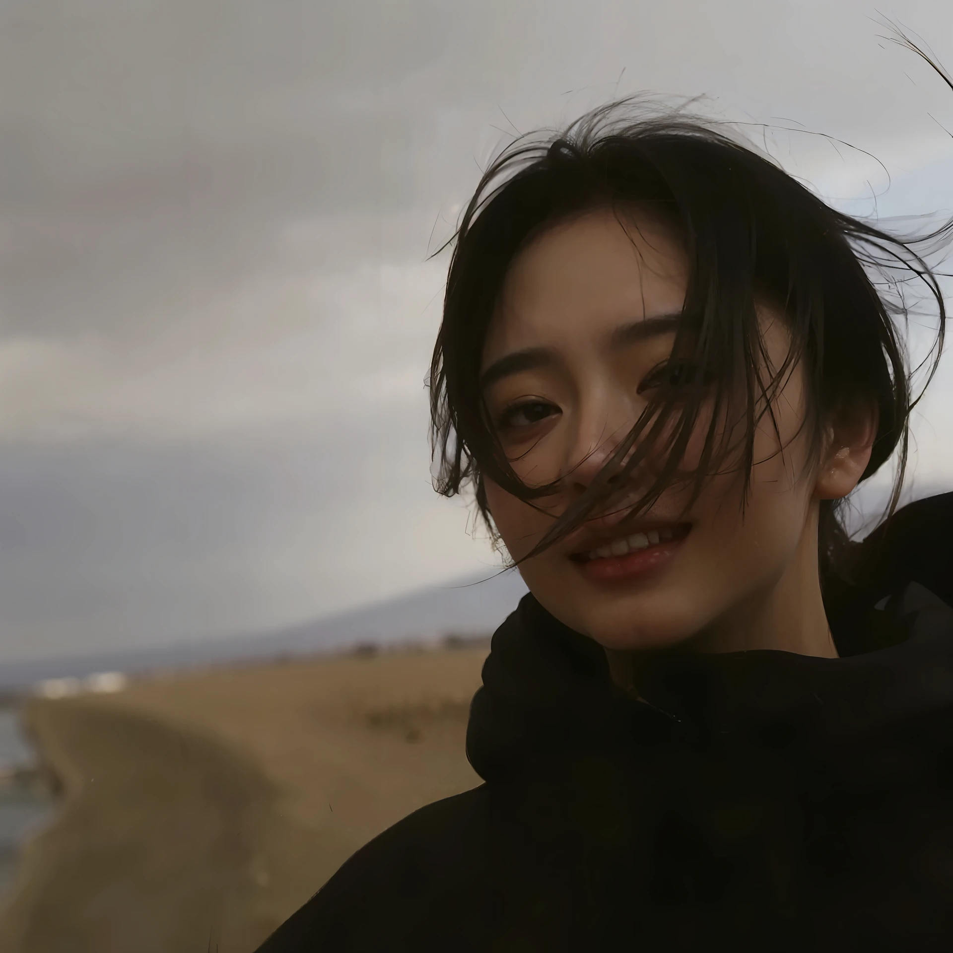 there is a woman that is standing on the beach with a surfboard, lofi-girl, Gemma Chen, lofi, inspired by Ma Yuanyu,High-quality footage, lulu chen, her hair billowing in the wind, wind - swept, Hair fluttering in the wind, xintong chen, close-up portrait film still, lofi girl aesthetic