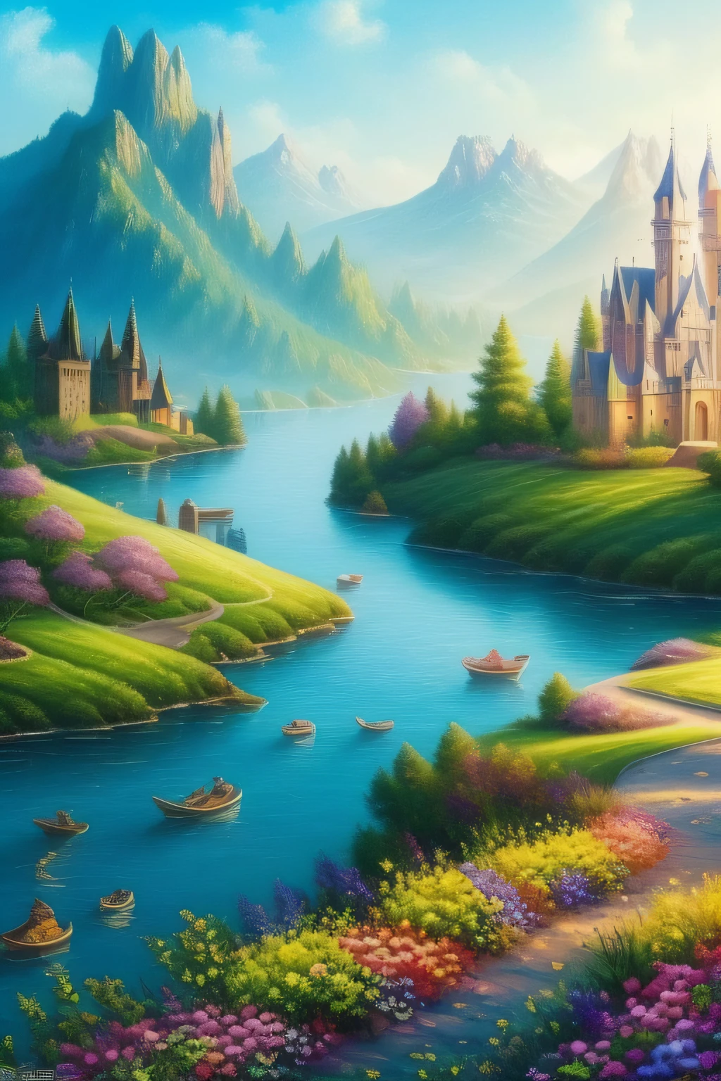 (extremely detailed CG unity 8k wallpaper),(((masterpiece))), (((best quality))), ((ultra-detailed)), (best illustration),(best shadow), ((an extremely delicate and beautiful)),dynamic angle,floating,

The detailed castle, (((the best building))),

mist encircles the mountains,fairyland,dynamic angle,classic,(detailed light),feather, nature, (sunlight), river, forest,flowers,beautiful and delicate water,(painting),(sketch),(bloom),(shine)