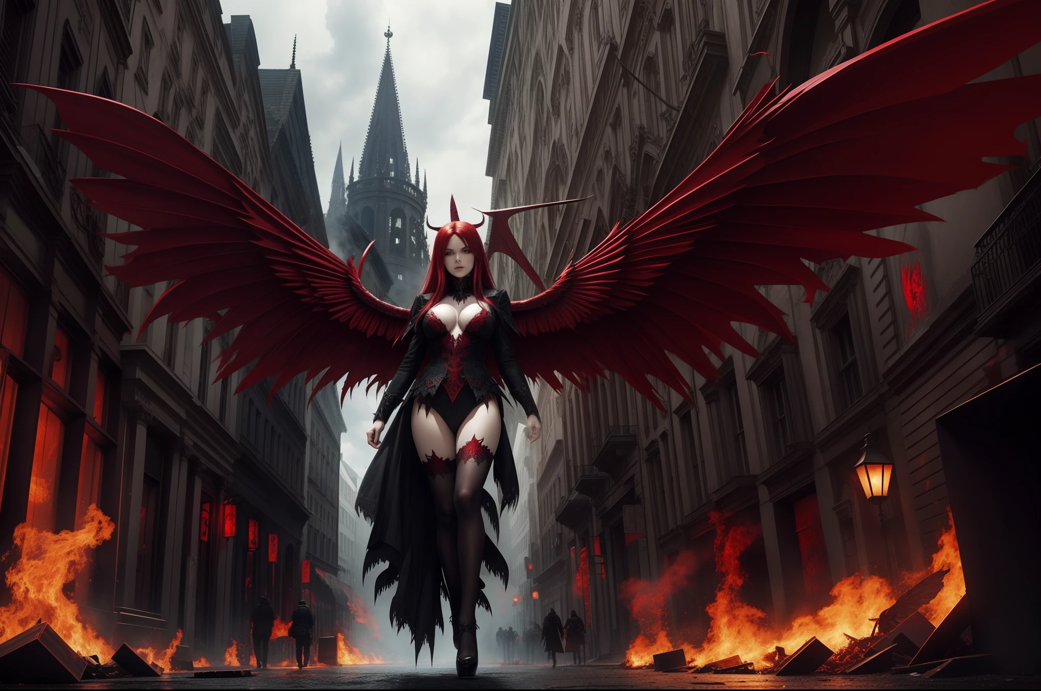 pretty red evil fallen angel-demon woman with huge wings falling in the streets in the apocaliptic city in hell in flames