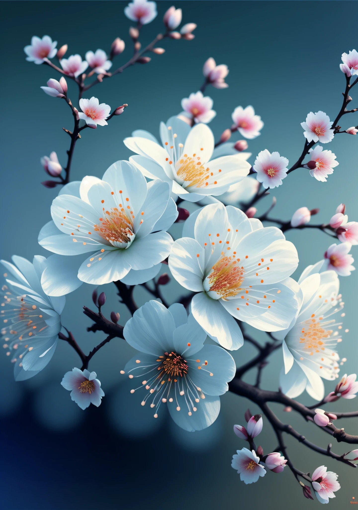 （Close-up of a bouquet of peach blossoms on a tree branch，peach blossom：1.2），（Morning dew on petals：1.6），（Oriental elements，Chinese colors，senior color matching，gradient backgrounds，white backgrounid），（The is very detailed，reasonable design，Clear lines，High- sharpness，best qualtiy，tmasterpiece，offcial art，movie light effect，4K）