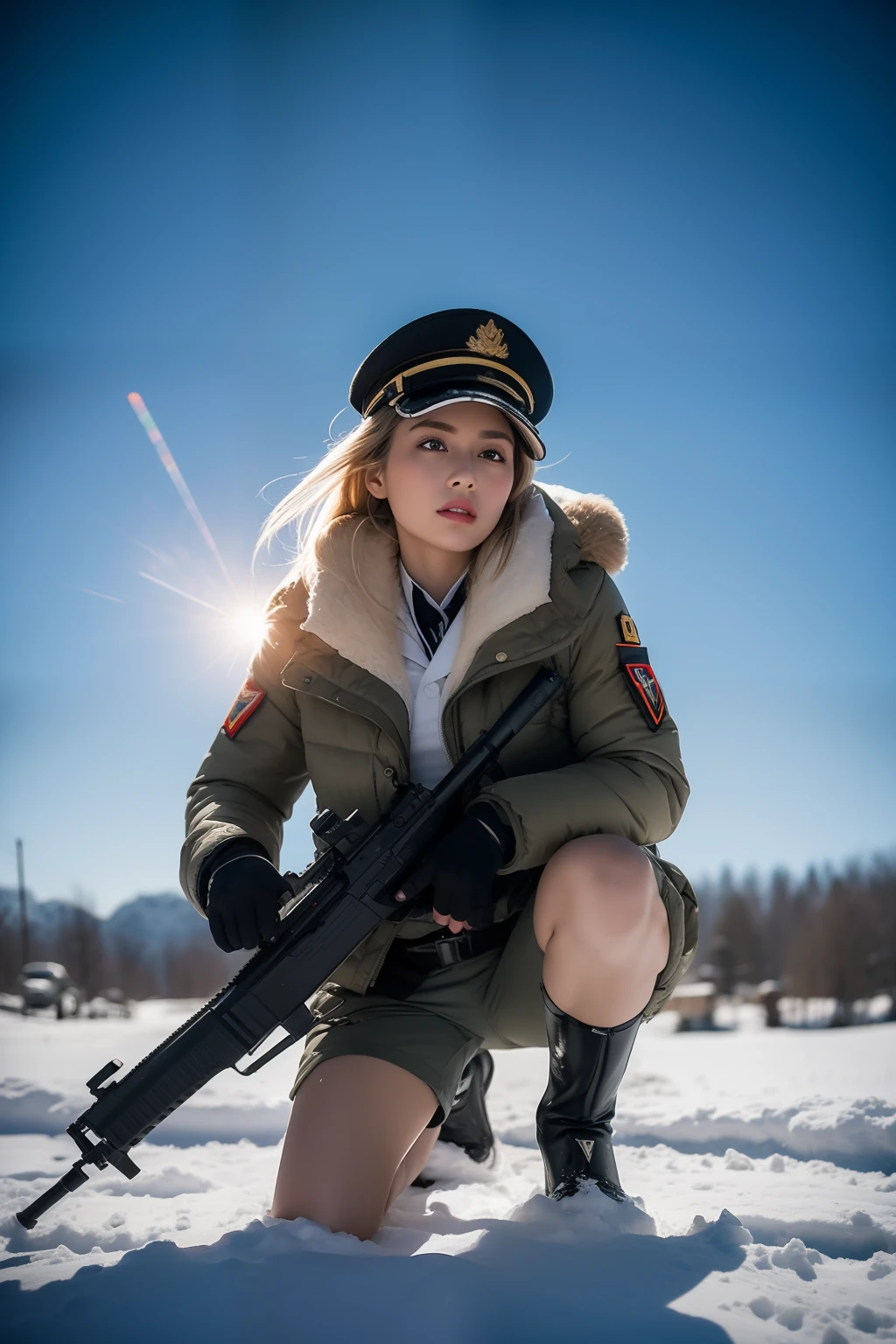 8K.,((Masterpiece: 1.2, Best quality)),Movie,offcial art,promotional art,movie wallpapers, A blonde German girl ，Red lips, Exquisite features, Pretty face, White hat, White uniform, White skinny shorts, glitering, 188 - High, slim build, Full chest, exposing thighs, Exposing thighs, Shooting at a low angle with a gun in the snow, Participate in winter battles. Captured in cinematic style, The scene included several female soldiers armed with rifles on the front line. The images were taken in an otherworldly world of war. The color temperature is cool，Slightly bluish tint, Convey a feeling of indifference and tension. The lighting is dramatic，There are harsh shadows and highlights, The cleavage protrudes ， Shot with Sony A7R IV camera，The aperture is f/2.8, ISO 1600, a shutter speed of 1/200th of a second. UHD dtm HDR 8k.