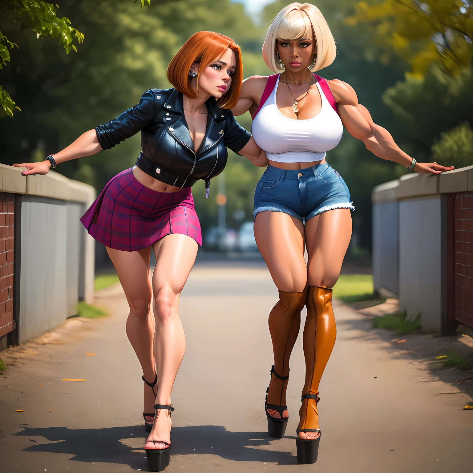 tanned redhead, Bob haircut, A full body shot, dark-skinned girl, Two girlfriends, muscular legs, muscular calves, Strong legs, muscular hips, wide thighs, Curvy hips, high-heeled sandals, tights in a net, tights in a net, mid-thigh boots, Short denim skirt, leather jacket, large ring earrings, He really wants to pee, On a date, hugging, caress each other, touching each other's crotch, walking at the park, Leg by foot, wants to pee, desperately wants to pee, wants to urinate, An expression of shame on his face, confusion, crying, Palm on stomach, crumples the hem of the skirt with his hands, Knees clenched, Hips clenched, Tense posture, bites his lower lip, full bladder, terribly wants to go to the toilet, anatomically correct, Realistic,