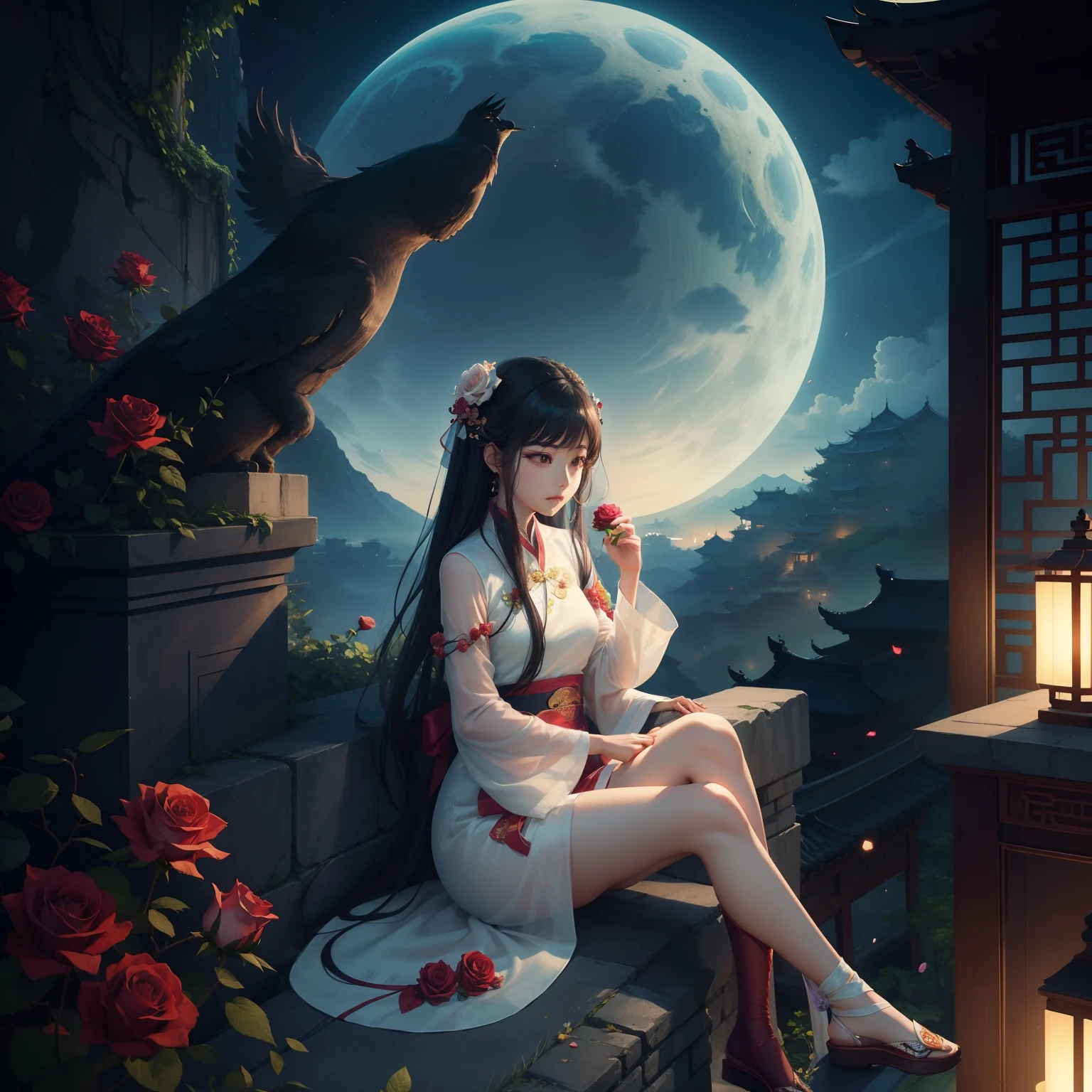 arafed woman sitting on a ledge with a rose in her hand, xintong chen, sha xi, wenfei ye, beautiful lonely girl, yang qi, jia, bae suzy, xue han, qiu fang, mingchen shen, full body xianxia, 奈良美智, dreamy night, by Ni Tian