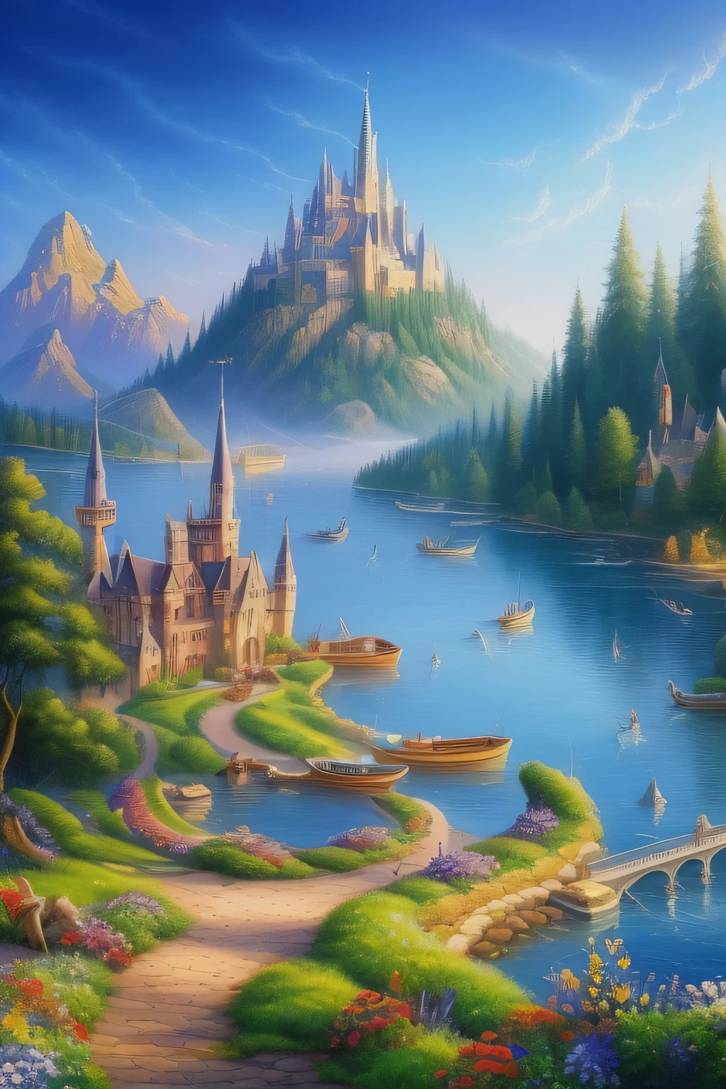 (extremely detailed CG unity 8k wallpaper),(((masterpiece))), (((best quality))), ((ultra-detailed)), (best illustration),(best shadow), ((an extremely delicate and beautiful)),dynamic angle,floating,
The detailed castle, (((the best building))),
mist encircles the mountains,fairyland,dynamic angle,classic,(detailed light),feather, nature, (sunlight), river, forest,flowers,beautiful and delicate water,(painting),(sketch),(bloom),(shine)