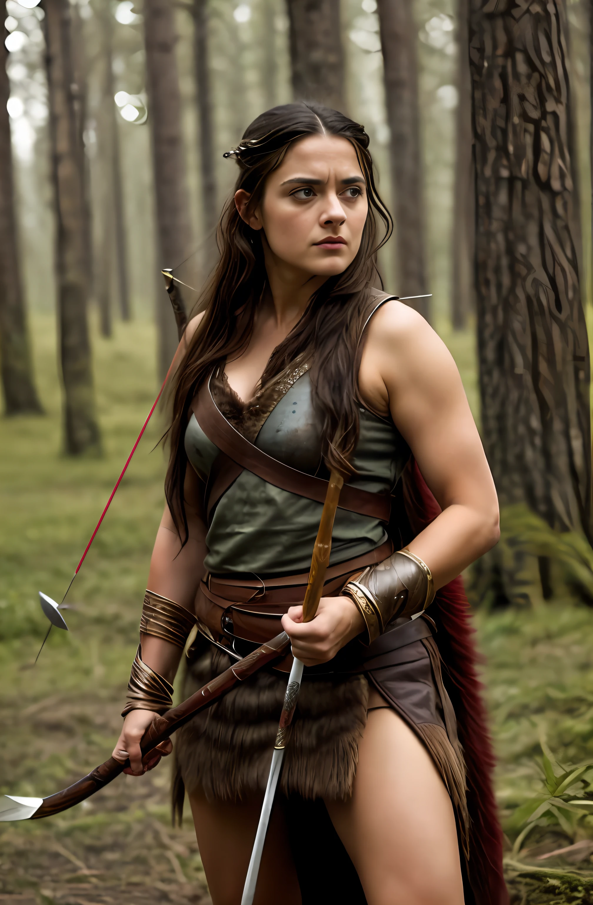 Masterpiece, High clarity eyes, perfect eyes, perfect face, perfect fingers, flawless, best quality, highly detailed, hunting pose, captivating beauty, Extremely Gorgeous woman with a bow and arrow, fluffy hair, in a leather, clothes and animal skins outfit, salma hayek as a barbarian, perfect eyes, hunting pose,small hairs in armpits visible, with bow and arrow, barbarian warrior woman, arya stark as venus, beautiful huntress, hunting goddess, lusty figure, warrior queen, Amazon tribal clothing, Amazon tribes dress,warrior woman, warrior princess, amazon warrior, a beautiful woman warrior, greek amazon warrior, beautiful female warrior, female archer, elven warrior princess, hunting woman, very beautiful female barbarian, beautiful hair, armpits crease