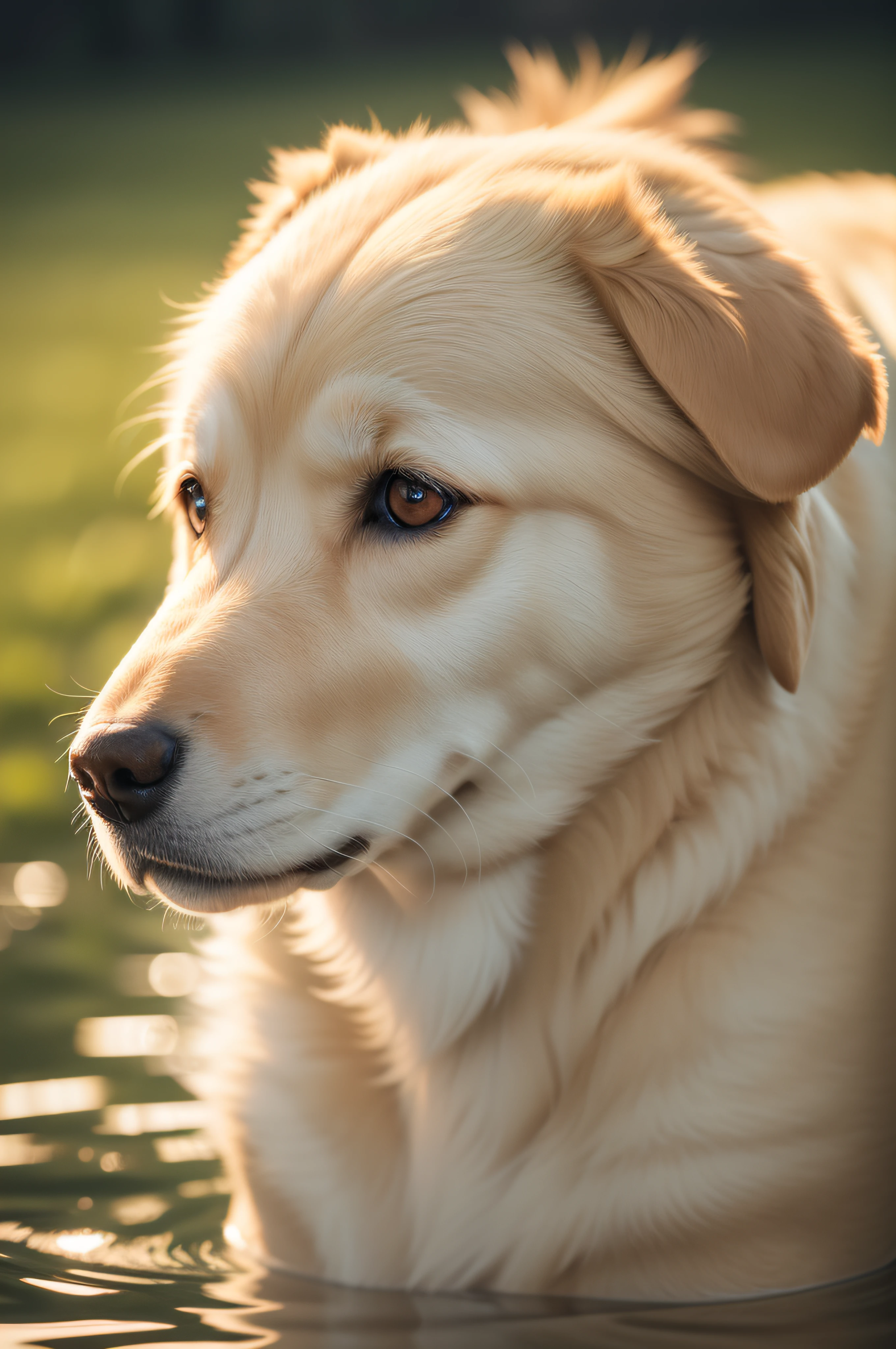4K HD, high detail photograph, shot with Sigma f/4.2, 250 mm sharp lens, shallow depth of field, White golden retriever, consistent, high detailed light refraction, high level texture render