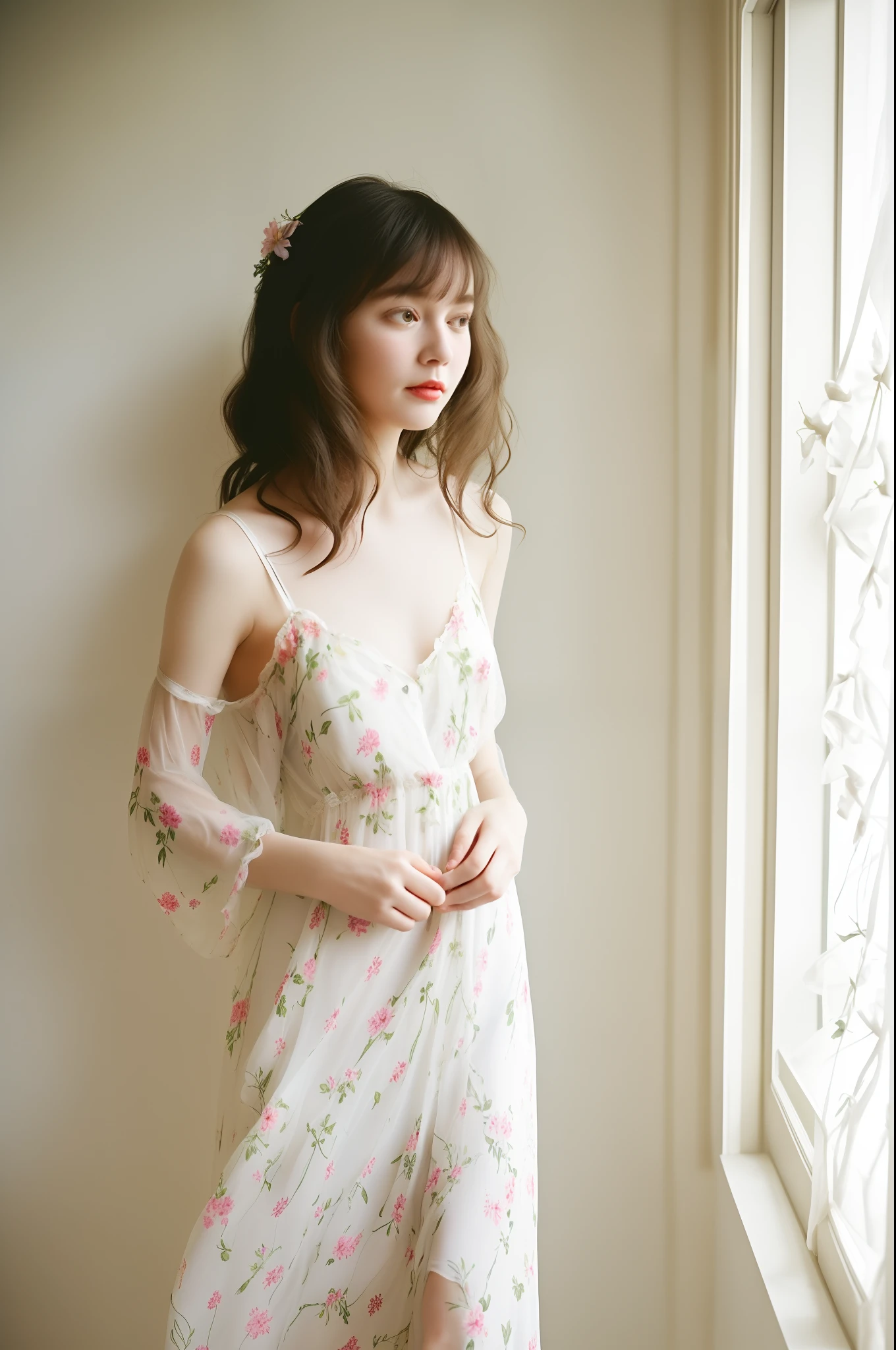 there is a woman standing in a room with a dress on, flowy, Summer, florals, sleepwear, frock, Very cute, nightgown, robe, white!!, Floral Dresses, Vintage atmosphere, Full length view, A flowing dress, dreamy style, airy, romantic dress, wearing a flowing sundress, Sheer, Vintage Glow