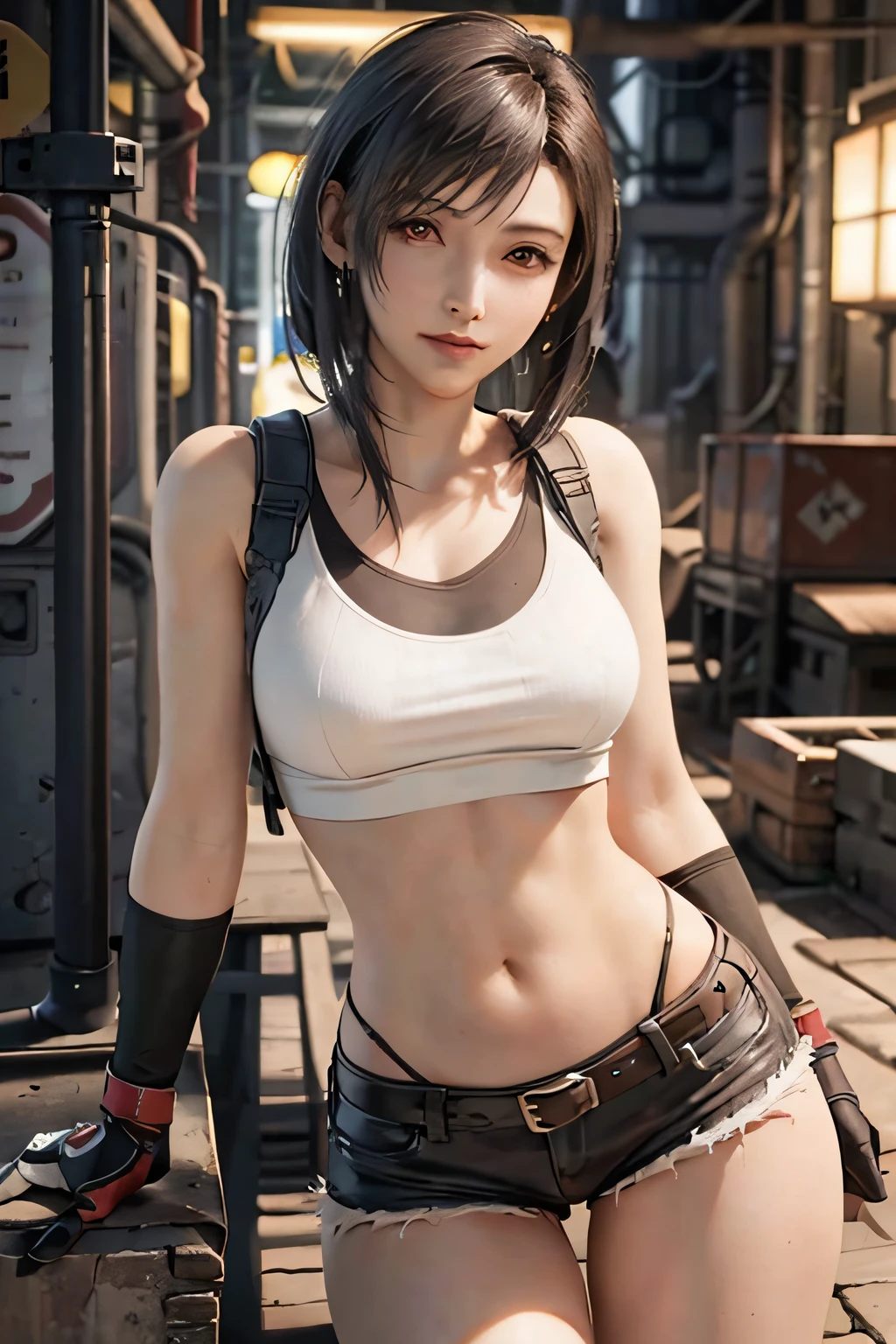 (​masterpiece), (top-quality), 8K分辨率, ultra-detailliert, ultra-detailliert, realisitic, a picture, photorealisim, (1girl), tifa, Final Fantasy VII, Tifa Lockhart, concrete wall,metal pipes,Details red eyes,Detailed double eyelids,Short Hair Dark Brown Color,slender figure,Model body type,bustＢcups,skinny thigh、skinny legs