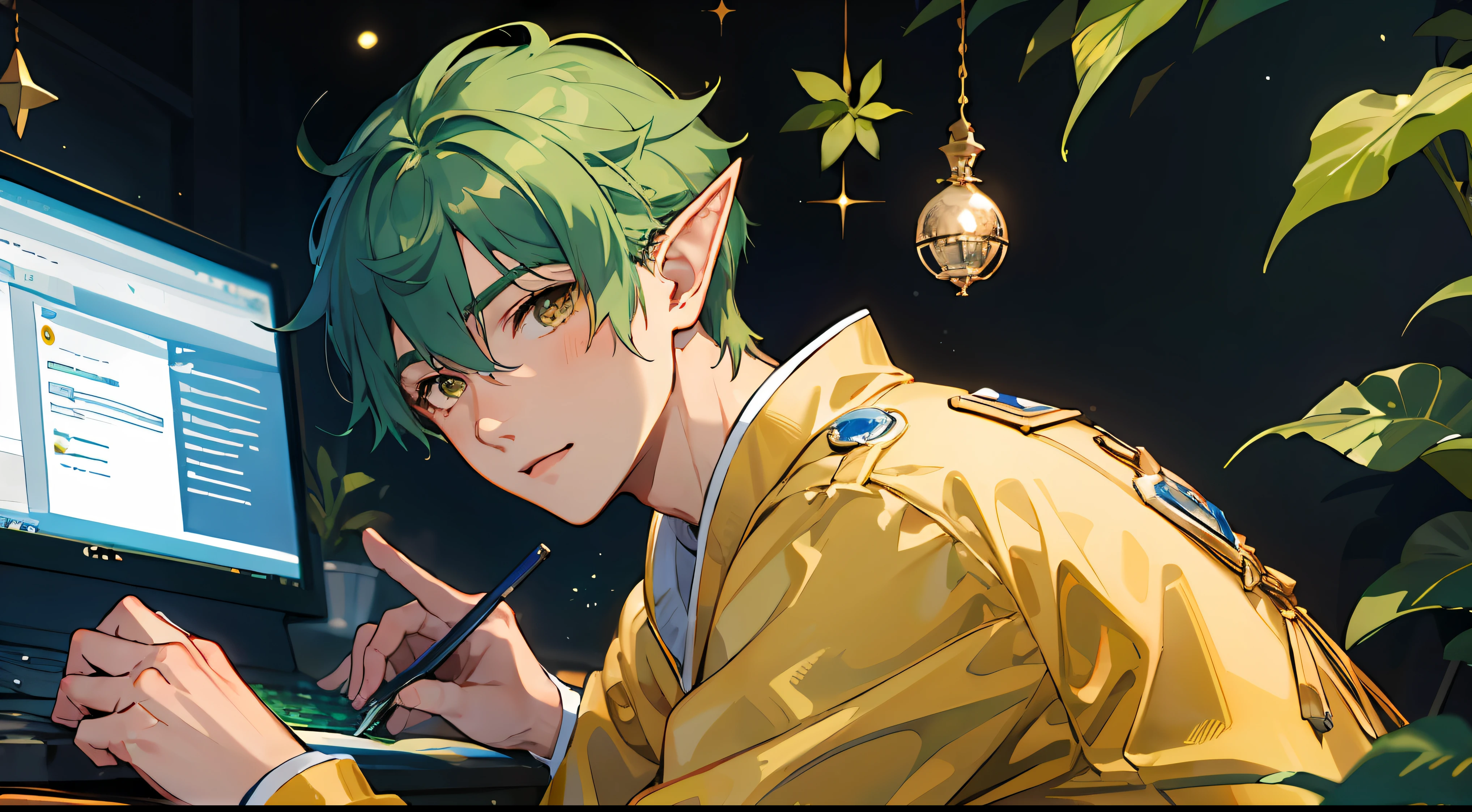 (AS-Young:1.7), (1boy:1.8), (male focus:1.2), (cute:1.7) solo, solo focus, masterpiece, ((exquisite_detail)), illustration, (handsome), extremely_detailed_CG, dark b londe hair, gold eyes, green, white, blush, golden robe, merchant, leaf, sitting in front of a stationary computer, looking at the viewer, turned around, cute boy with elf ears