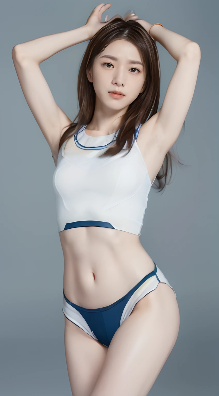 The big picture from head to toe、Anatomically correct body、1 girl in、(8K、Raw photography、top-quality、masterpiece:1.2)、(realisitic、realisitic:1.37)、ultra-detailliert、longshot、Fulll body Shot、realistic eyes and face details、Realistic and natural skin texture、Dark eyebrows、(((thighs thighs thighs thighs、groin、Manstreak、open one's legs、Raise your arms to show your armpits、abdominals)))、decolletage、Fair skin、A detailed face、真实感、Realistic background、Realistic lighting、(Sweaty skin)