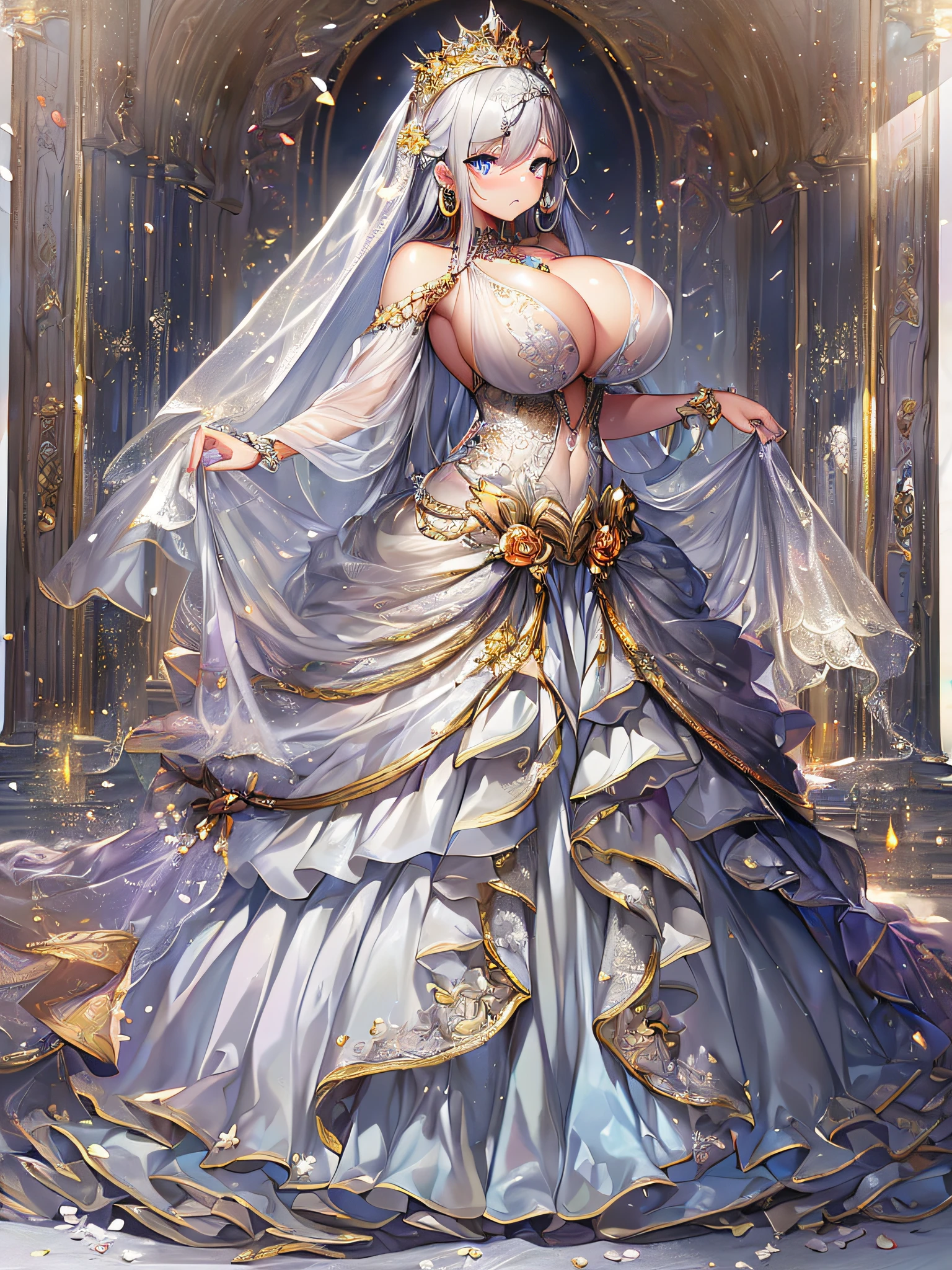 ((anime artstyle)),(Masterpiece),(Best Quality), (Super Detail),((Very Delicate and Beautiful)),(((Solo))),((full body)),standing,(((1 bling-bling princess in beautiful embroidery and jeweled gorgeous See-through wedding ball gown dress with voluminous full length hoop skirt))),bling-bling,Long train,(bling-bling gorgeous gemstone jewelry),detailed face and eyes,jewel-like eyes,cry,((embarrassed)),anguish,((large amount of straight hair,extremely voluminous Very Long Hair,Very Long Straight Hair)),(((gigantic tits,Long tits))),cleavage,(gorgeousfull embroidery and lace),gorgeous corsage,See-through,extremely gorgeousfull hair ornament,((bling-bling extremely gorgeousfull jeweled tiara)),(long bridal veil),ornate ruffles,(hoop skirt,crinoline),white lily flowers, flower petals flowing,((Dynamic Angle)),Looking at viewer,((full body)),((beautiful embroidery and jeweled extremely gorgeous See-through wedding ball gown dress with voluminous full length hoop skirt))