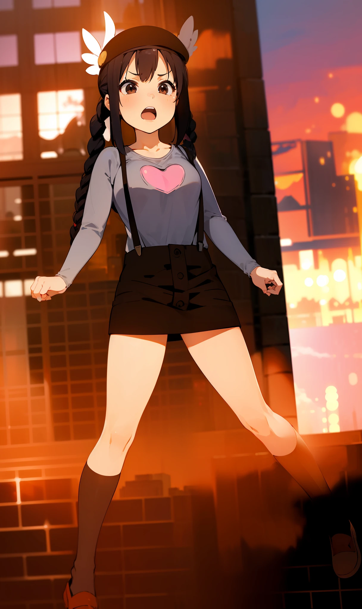 1girl, (((masterpiece))), top-quality, top-quality, High Details, nakano azusa, 1girl, Twin-tailed, length hair, A dark-haired, brown-eyed, Gray T-shirt.suspenders.a black skirt.illustratio, comic strip, soothing tones, Subdued Color, Soft cinematic light, adobe lightroom, photolab, HDR, intricately and hyper-detailed、(((depth of fields))))。(((masterpiece)))。(((top-quality))).)((ultra-detailliert)))。(((illustratio)))。(((takeout))).dynamic focus.big breasts.(((Skyscrapers))).(((A city scape))).(((Face of sadness))). open mouth.(((fighting stance))).(((up chest))).((evening glow)).((the setting sun)).(((Heart on chest))).Feathered hat