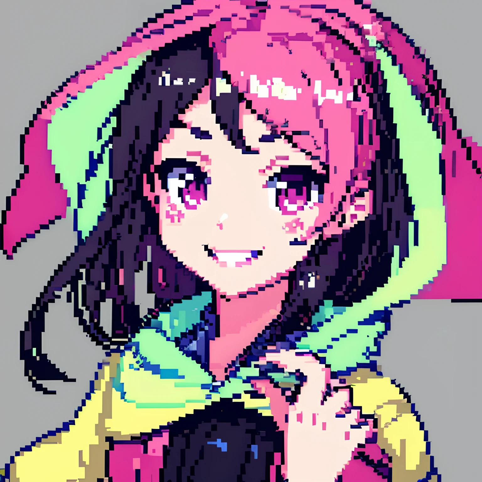 Pixel art, Masterpiece, pix, 1girll, black color hair, Pink pick dye, Pink eyes, Petite, Small chest, Face only,  Smile, grin,  Anime style, Cute, Simple background, greybackground