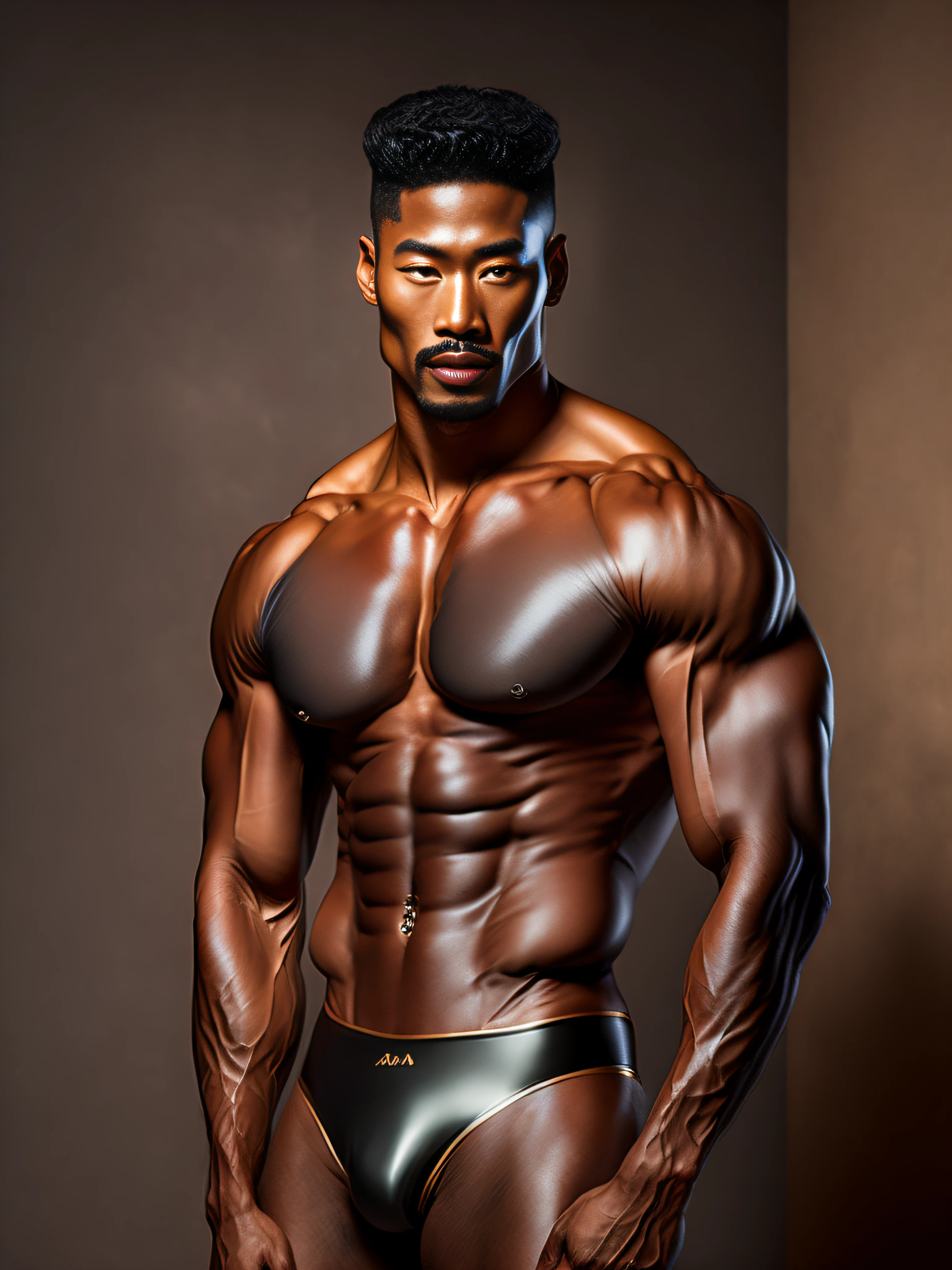 gentleman,black-skinned,Ultra photo realsisim,Muscular men,black in color,Ultra photo realsisim, Strong muscular man,Street temptation,epic realistic,photore,Faded,complex stuff around,the complex background,soaking wet,com cores neutras,((((hdr)))), ((((pastel colour)))),Complex scenes, art stations, Complicated details, whole body display,Muscular naked man,Wear only a pair of transparent thongs,Extremely sexy and provocative,(Asian supermodel face,Strong muscles and perfectly curved body,Extreme sexual tension,Hormonal explosion,whole body display:1.5)(Short hair, Light-colored beard, Stubble masculinity,Naked muscle man:1.4)( Muscular macho,No clothes on,Only a pair of flesh-colored thongs were worn,Tear the thong with both hands,Extremely sexy and provocative:1.5)(nakeness,Tear the thong with both hands,Clear latex tong,whole body display:1.5)(NSFW:1.5)