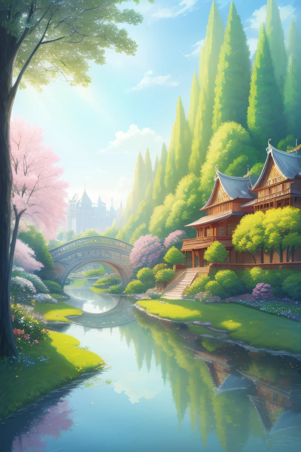 (extremely detailed CG unity 8k wallpaper),(((masterpiece))), (((best quality))), ((ultra-detailed)), (best illustration),(best shadow), ((an extremely delicate and beautiful)),dynamic angle,floating, fairyland,dynamic angle,sea of flowers,beautiful detailed garden,wind,classic,spring, (detailed light),feather, nature, (sunlight), river, forest,(((floating palace))),((the best building)),beautiful and delicate water,(painting),(sketch),(bloom),(shine)